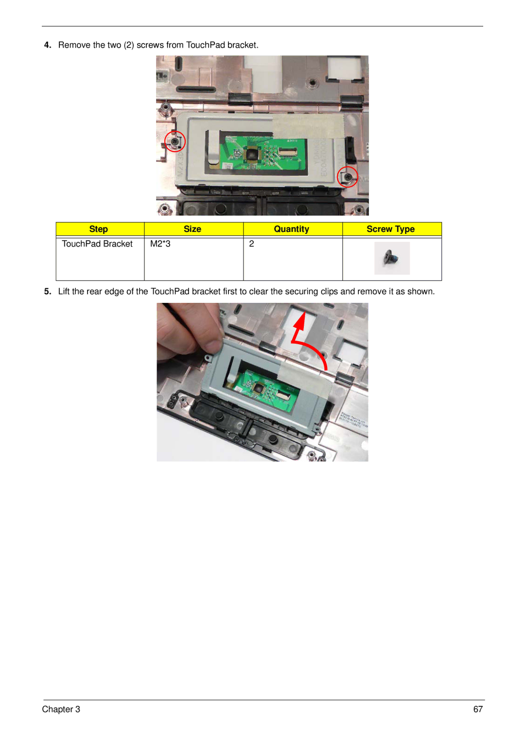 eMachines G430, G630 manual Step Size Quantity Screw Type TouchPad Bracket M2*3 