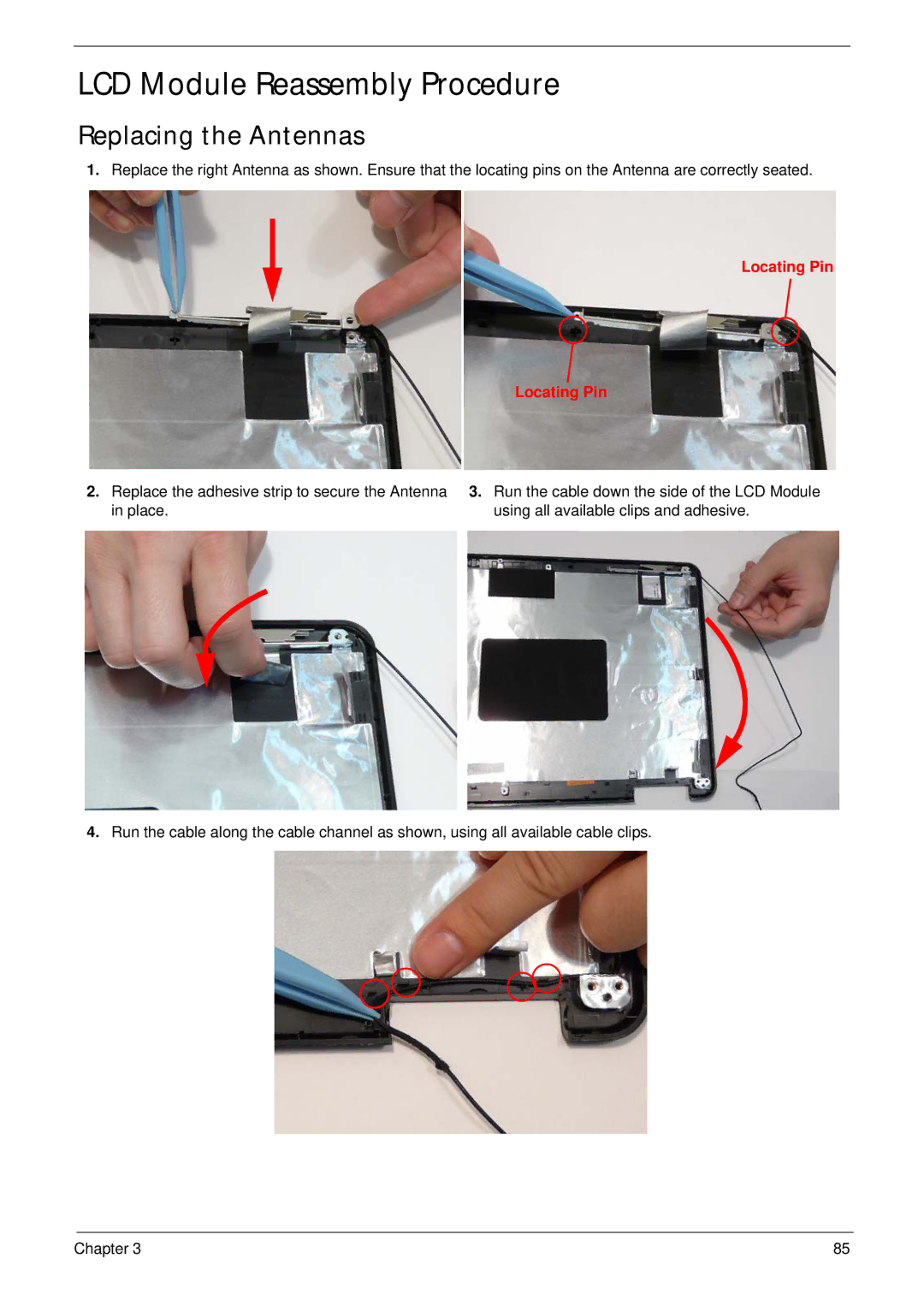 eMachines G430, G630 manual LCD Module Reassembly Procedure, Replacing the Antennas 