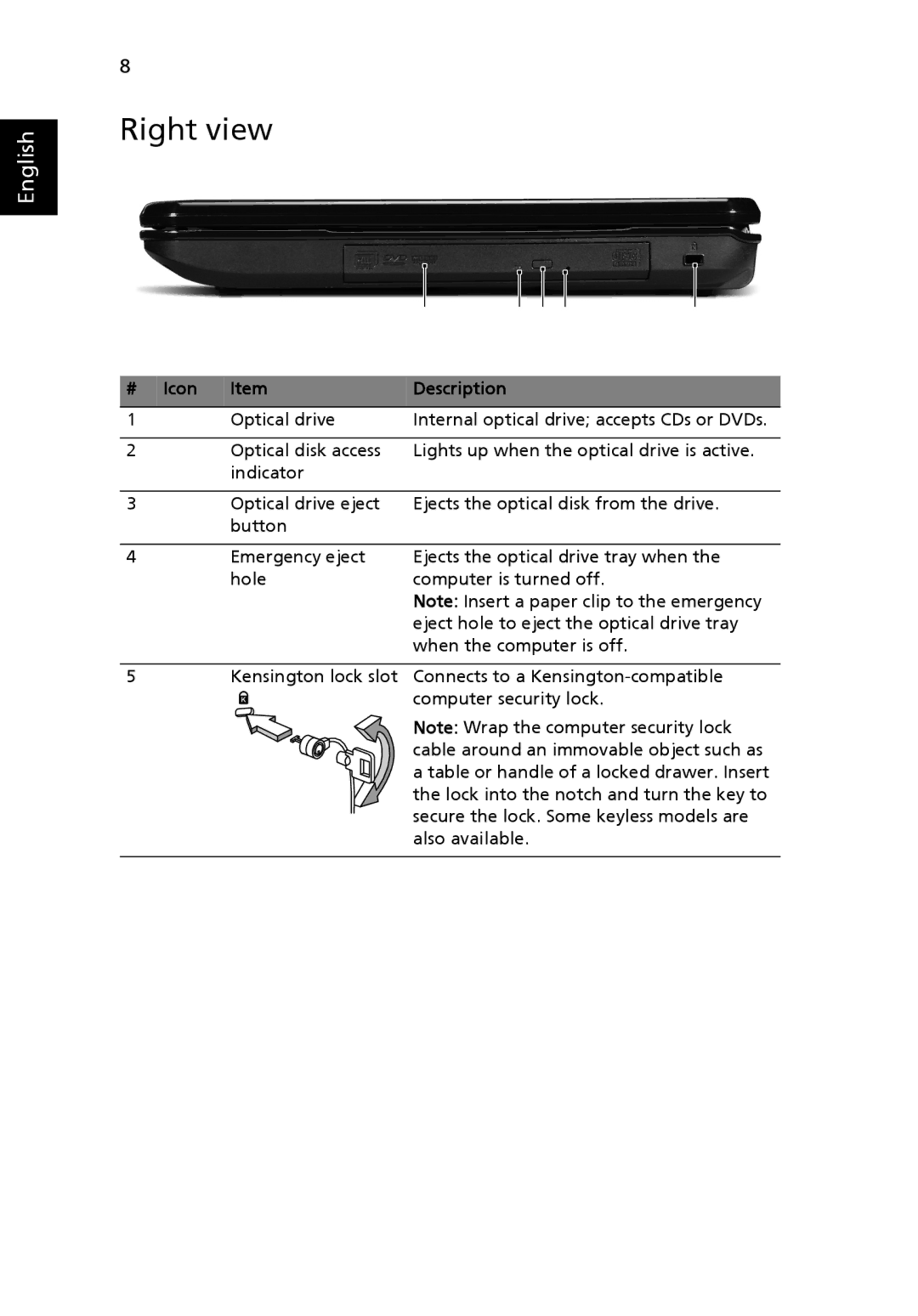 eMachines G725 Series, G525 Series manual Right view 