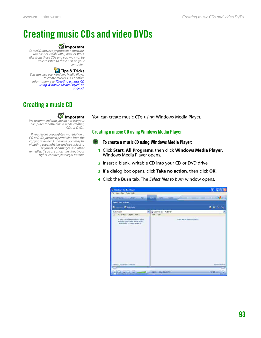 eMachines H3120 manual Creating music CDs and video DVDs, Creating a music CD using Windows Media Player 