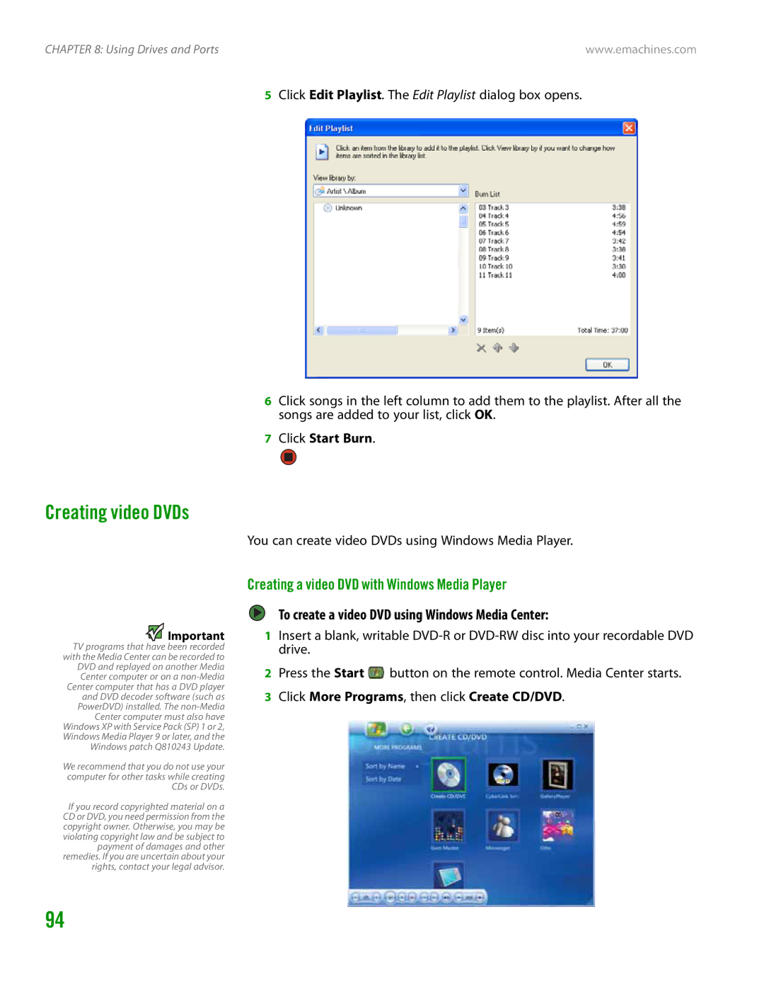 eMachines H3120 manual Creating video DVDs, Creating a video DVD with Windows Media Player, Click Start Burn 