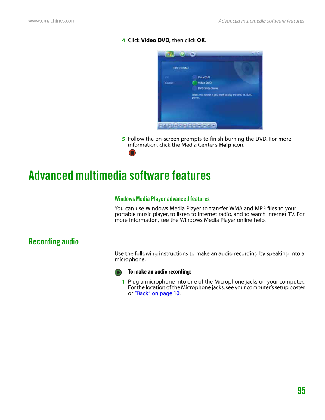 eMachines H3120 manual Advanced multimedia software features, Recording audio, Windows Media Player advanced features 