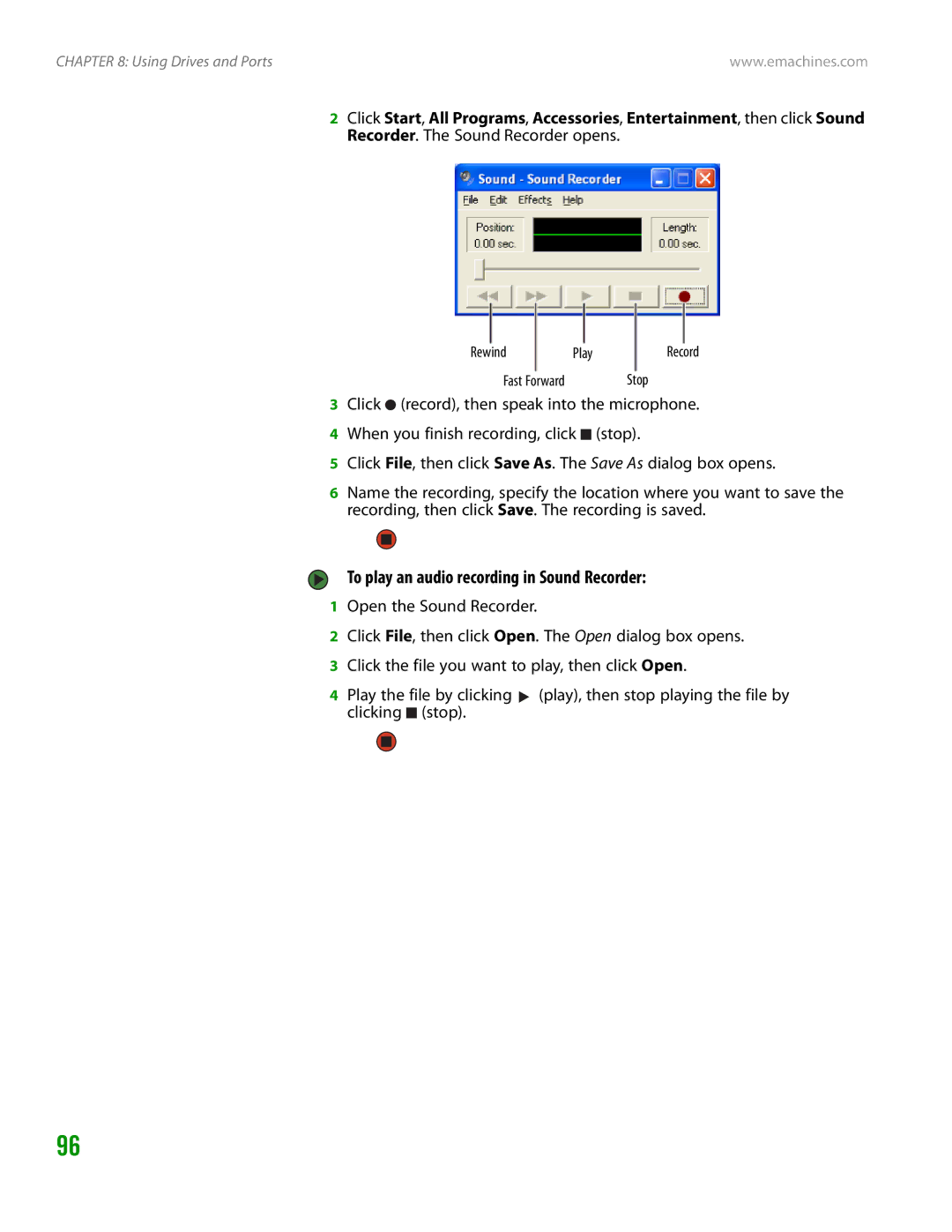 eMachines H3120 manual To play an audio recording in Sound Recorder, Rewind PlayRecord Fast Forward 