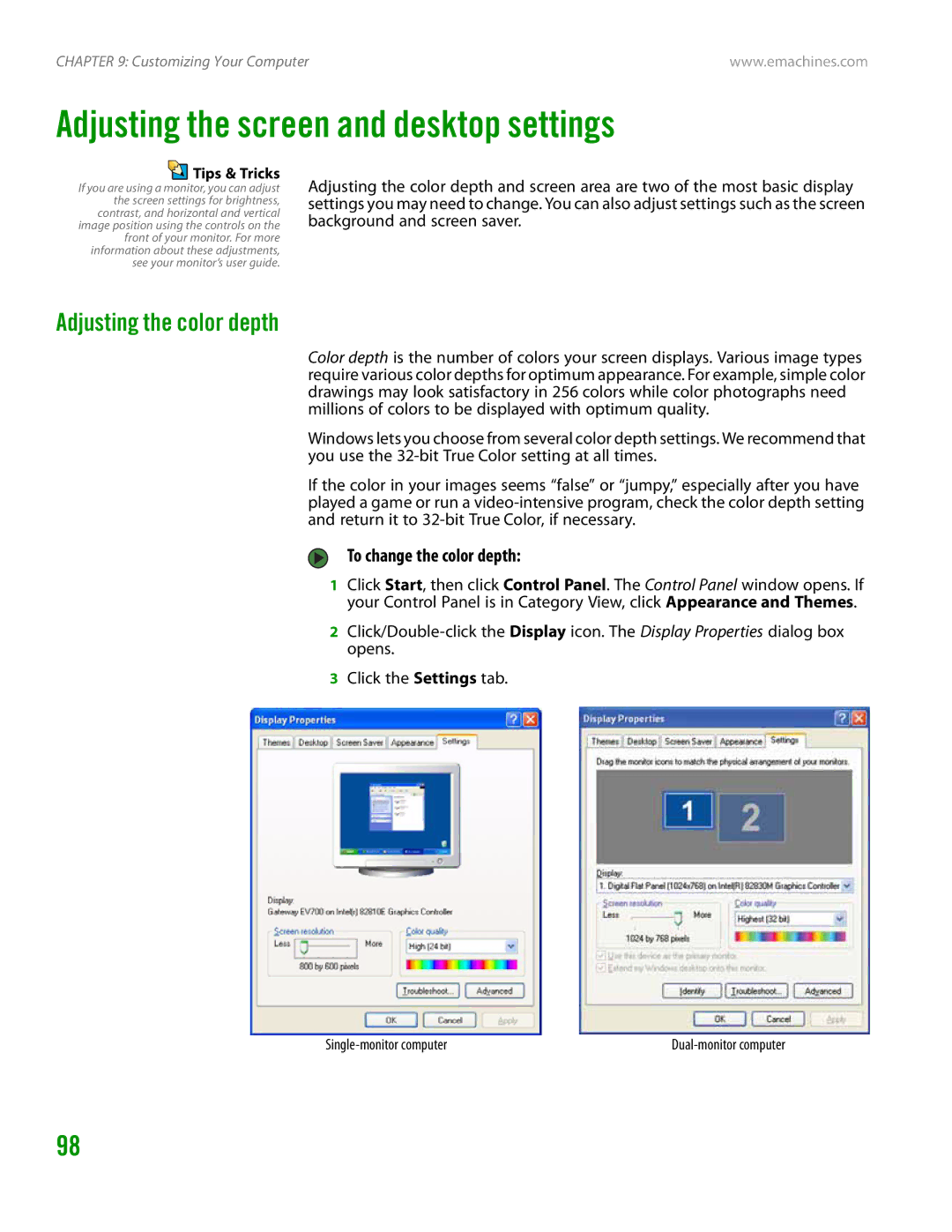 eMachines H3120 manual Adjusting the screen and desktop settings, Adjusting the color depth, To change the color depth 