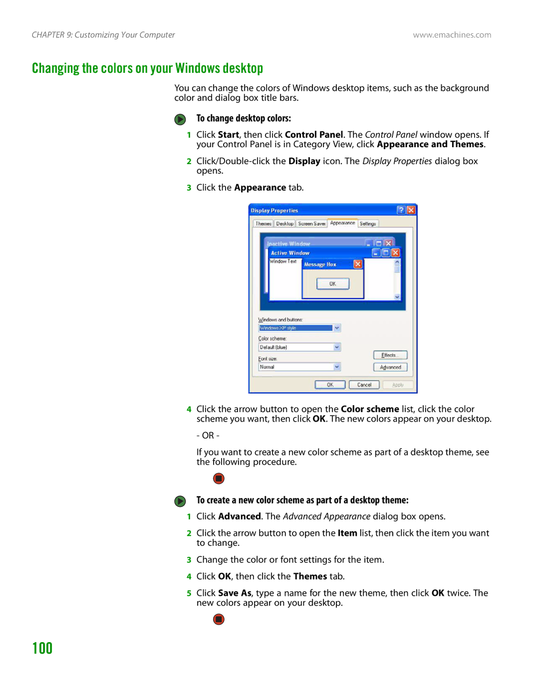 eMachines H3120 manual 100, Changing the colors on your Windows desktop, To change desktop colors 