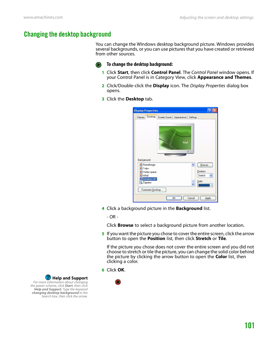 eMachines H3120 manual 101, Changing the desktop background, To change the desktop background 