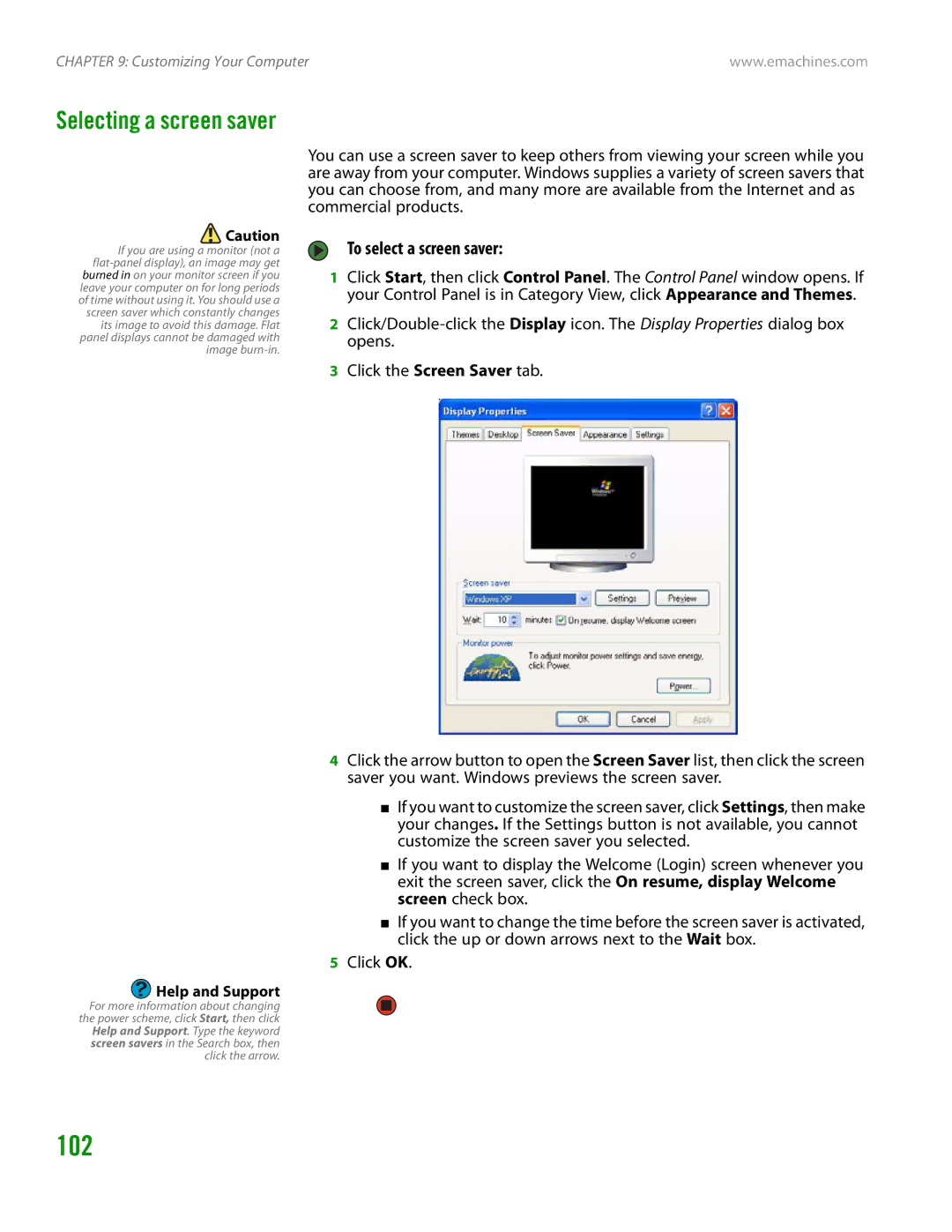 eMachines H3120 manual 102, Selecting a screen saver, To select a screen saver 