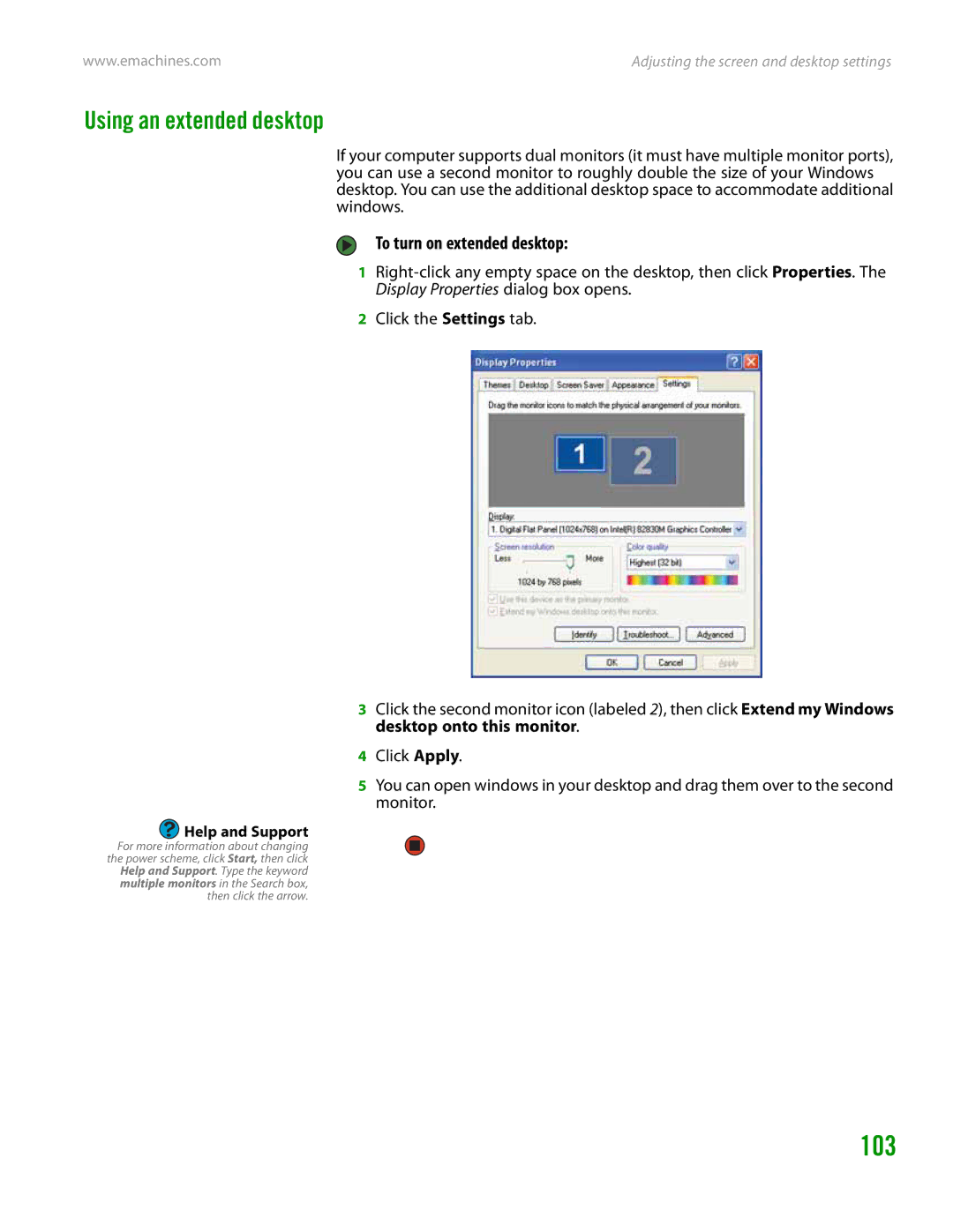 eMachines H3120 manual 103, Using an extended desktop, To turn on extended desktop 