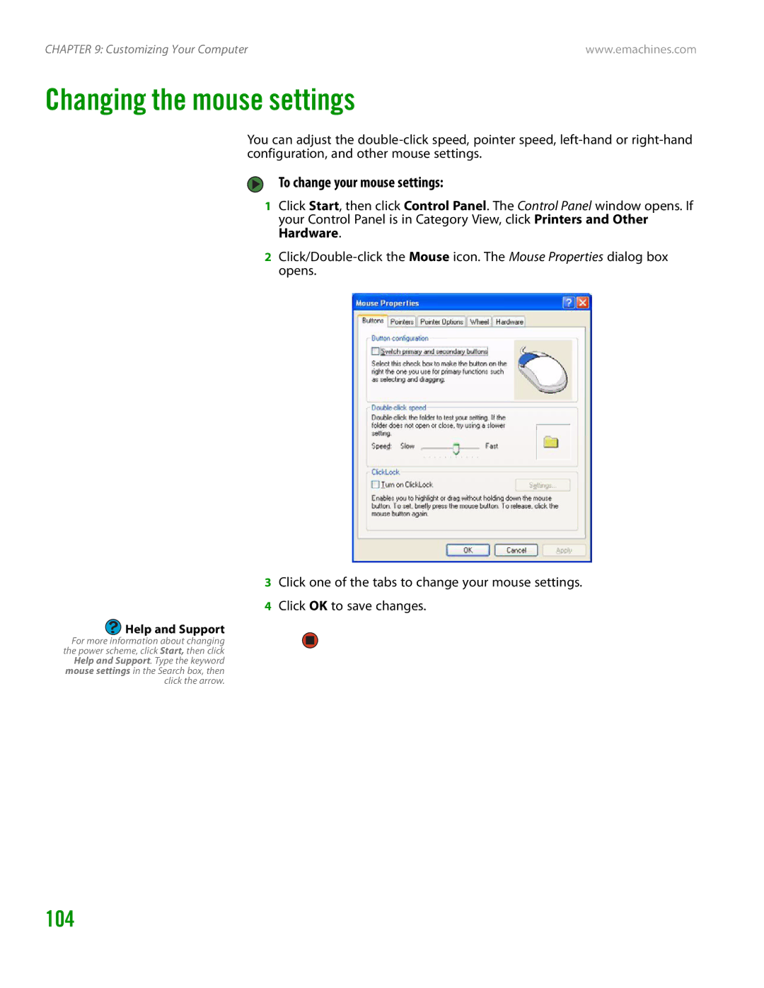 eMachines H3120 manual Changing the mouse settings, 104, To change your mouse settings 