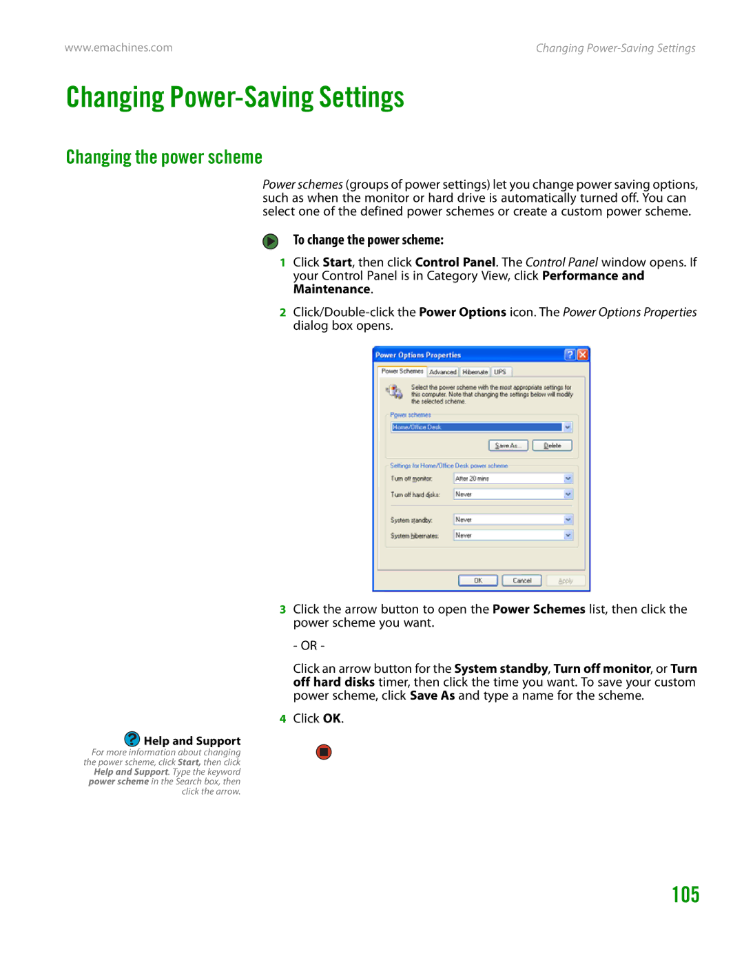 eMachines H3120 manual Changing Power-Saving Settings, 105, Changing the power scheme, To change the power scheme 