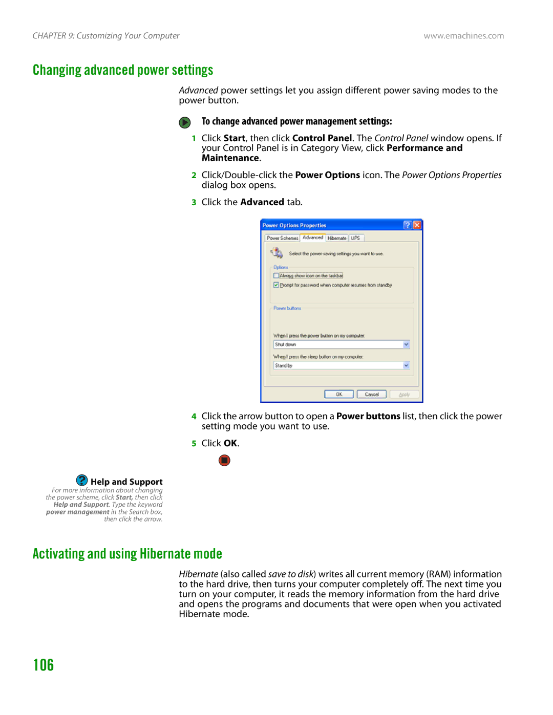 eMachines H3120 manual 106, Changing advanced power settings, Activating and using Hibernate mode 