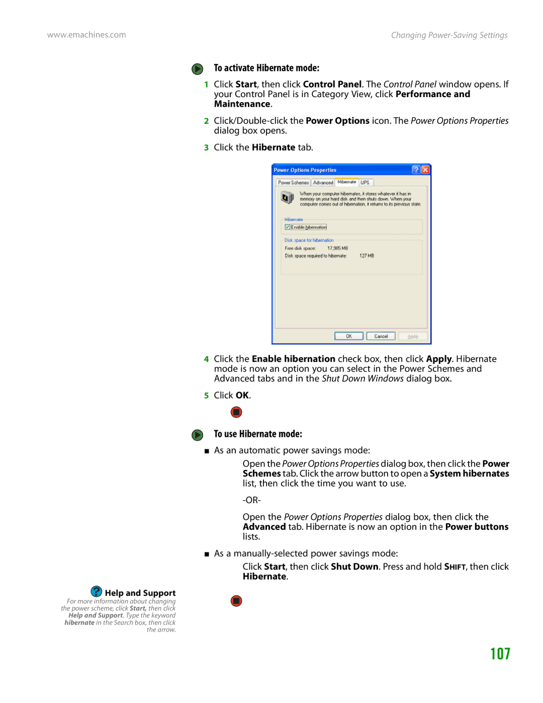 eMachines H3120 manual 107, To activate Hibernate mode, To use Hibernate mode 