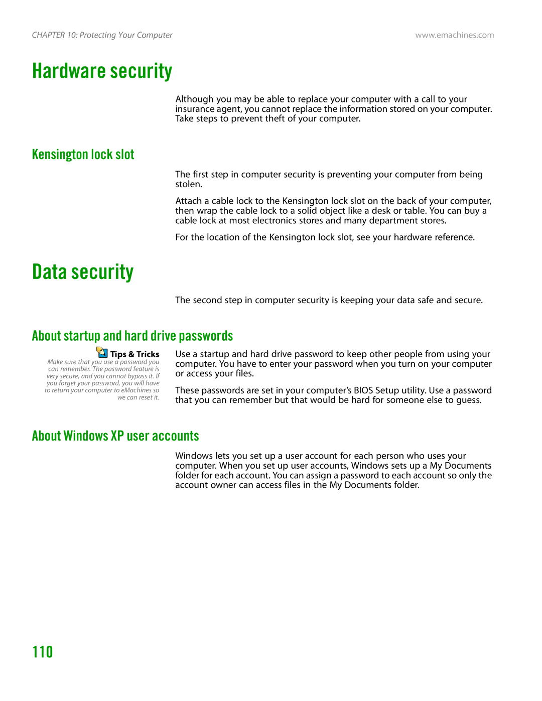 eMachines H3120 manual Hardware security, Data security, 110 