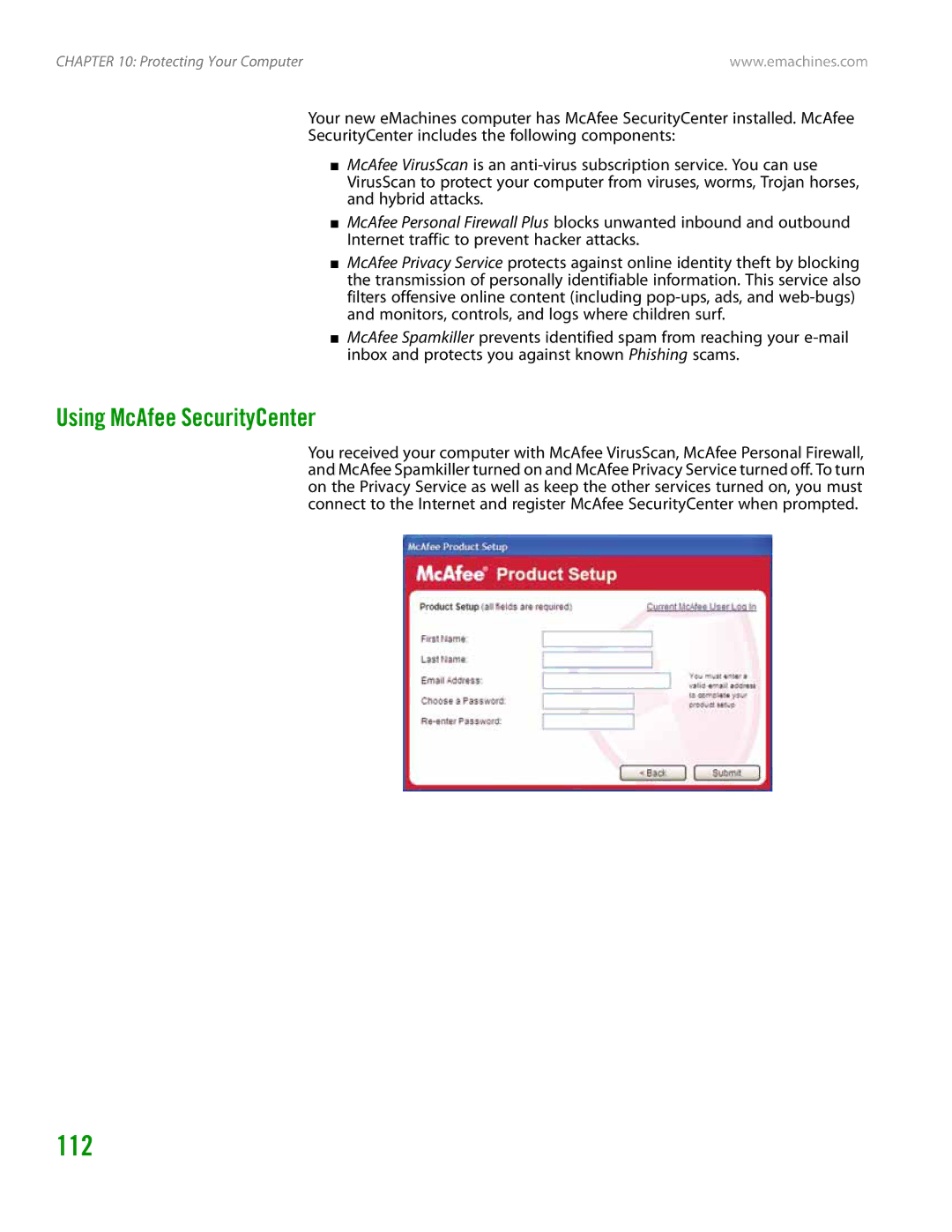 eMachines H3120 manual 112, Using McAfee SecurityCenter 