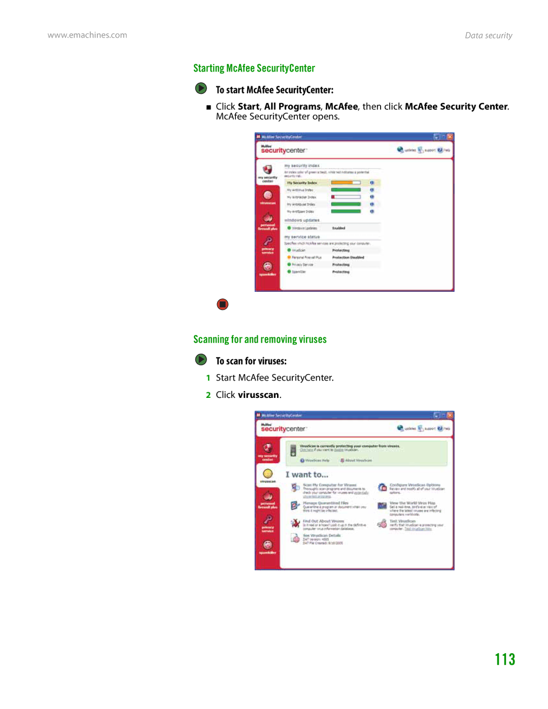 eMachines H3120 113, Starting McAfee SecurityCenter, To start McAfee SecurityCenter, Scanning for and removing viruses 