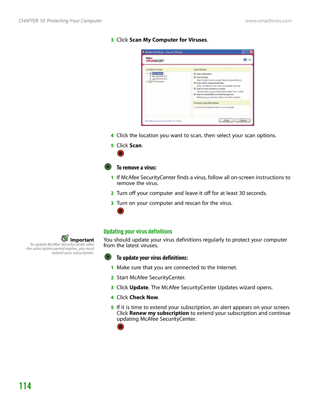 eMachines H3120 manual 114, To remove a virus, Updating your virus definitions, To update your virus definitions 