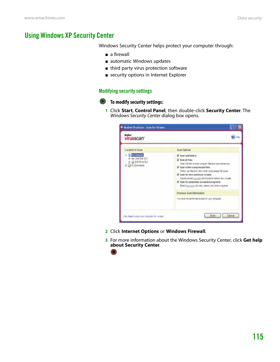 eMachines H3120 manual 115, Using Windows XP Security Center, Modifying security settings, To modify security settings 