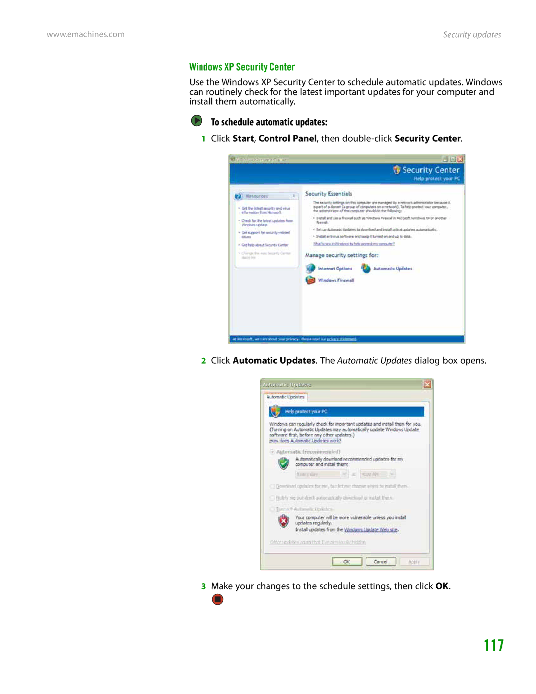 eMachines H3120 manual 117, Windows XP Security Center, To schedule automatic updates 