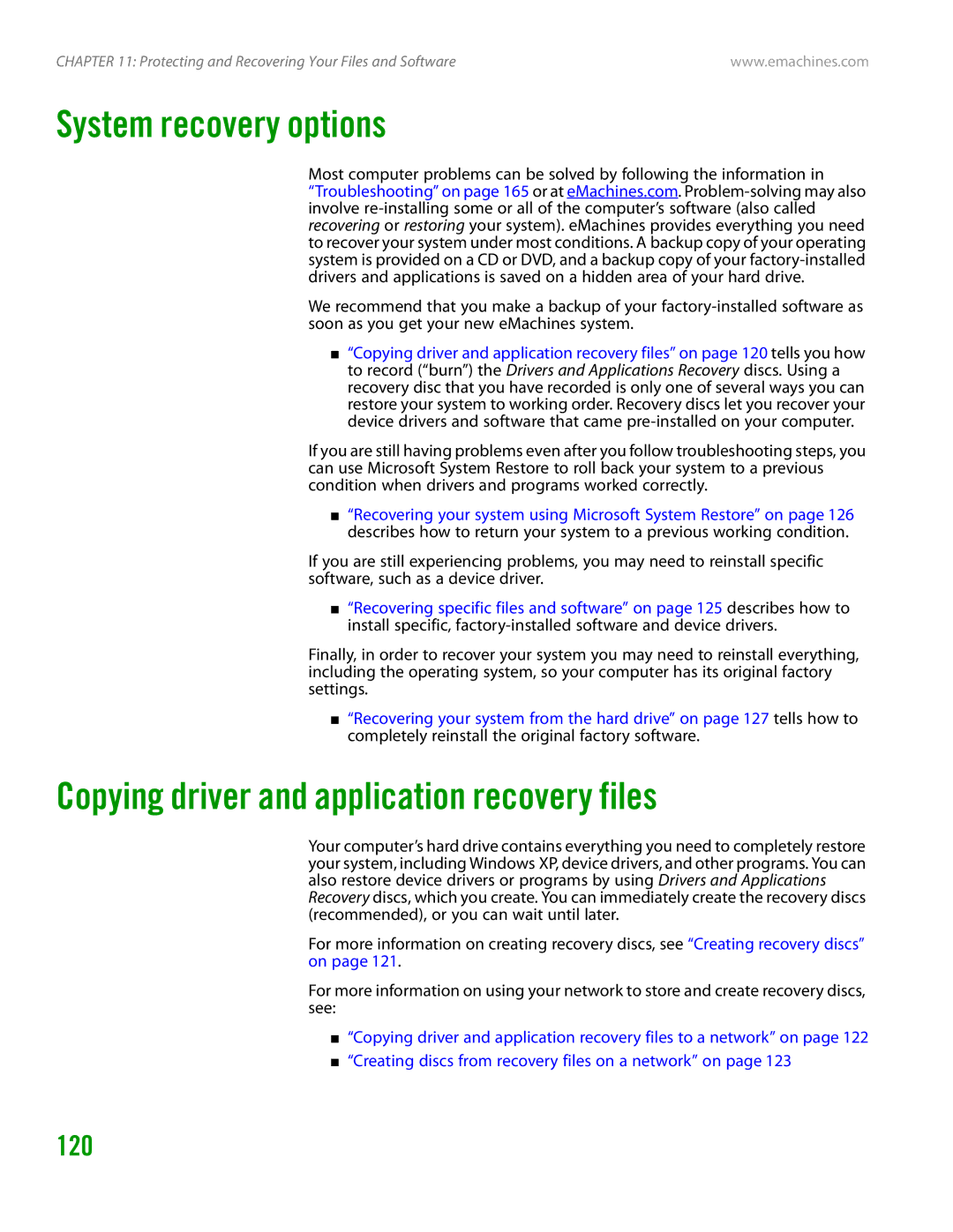 eMachines H3120 manual System recovery options, Copying driver and application recovery files 