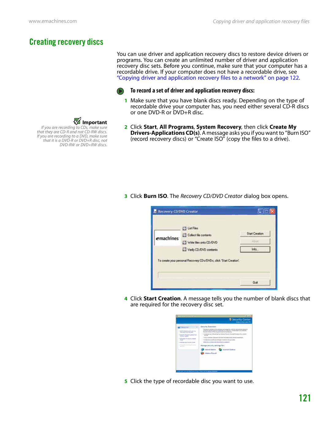 eMachines H3120 manual 121, Creating recovery discs, To record a set of driver and application recovery discs 