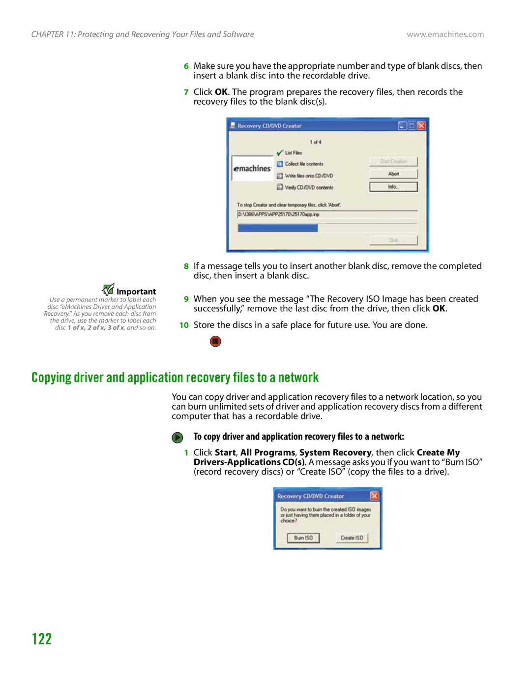 eMachines H3120 manual 122, Copying driver and application recovery files to a network 