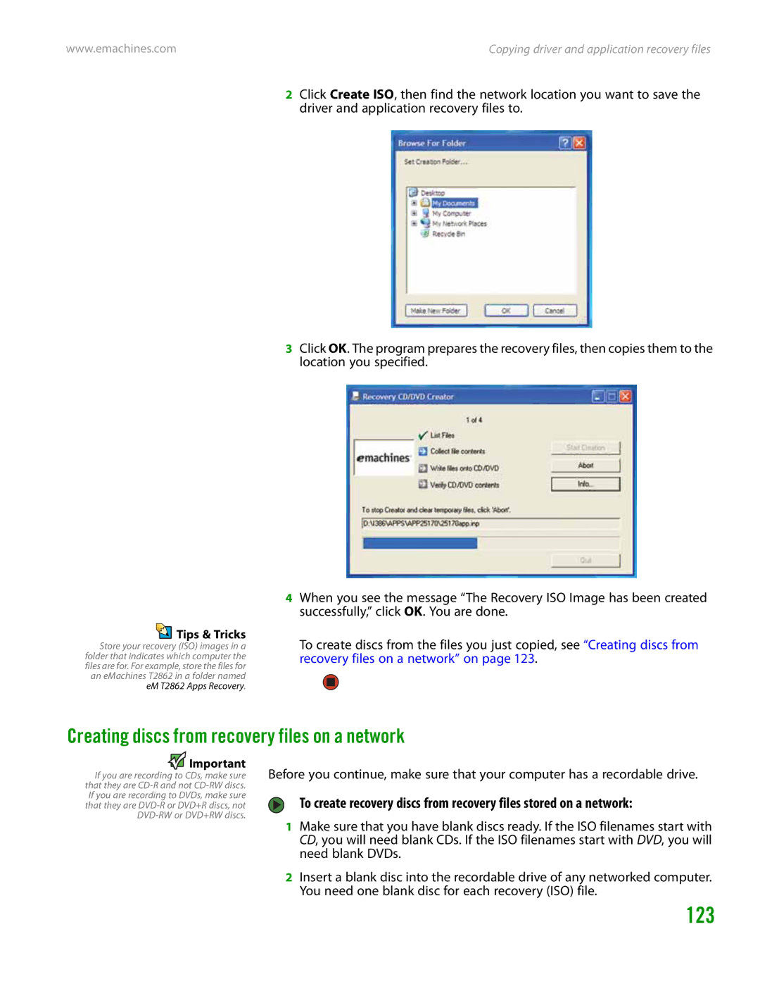 eMachines H3120 manual 123, Creating discs from recovery files on a network 