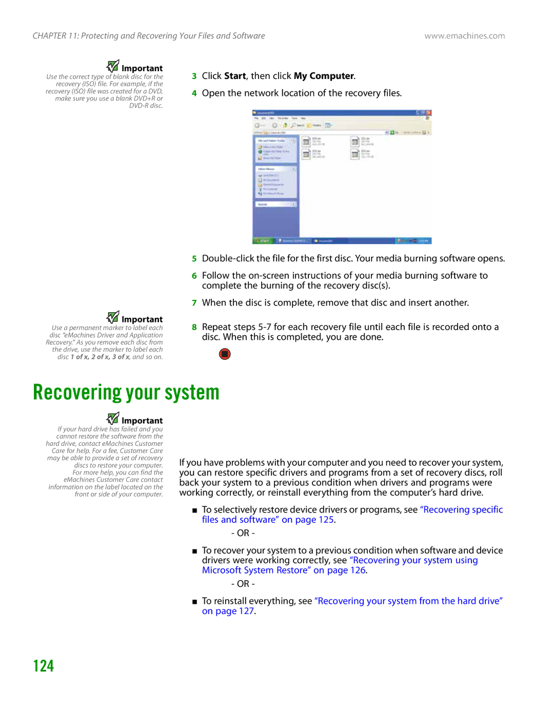 eMachines H3120 manual Recovering your system, 124 