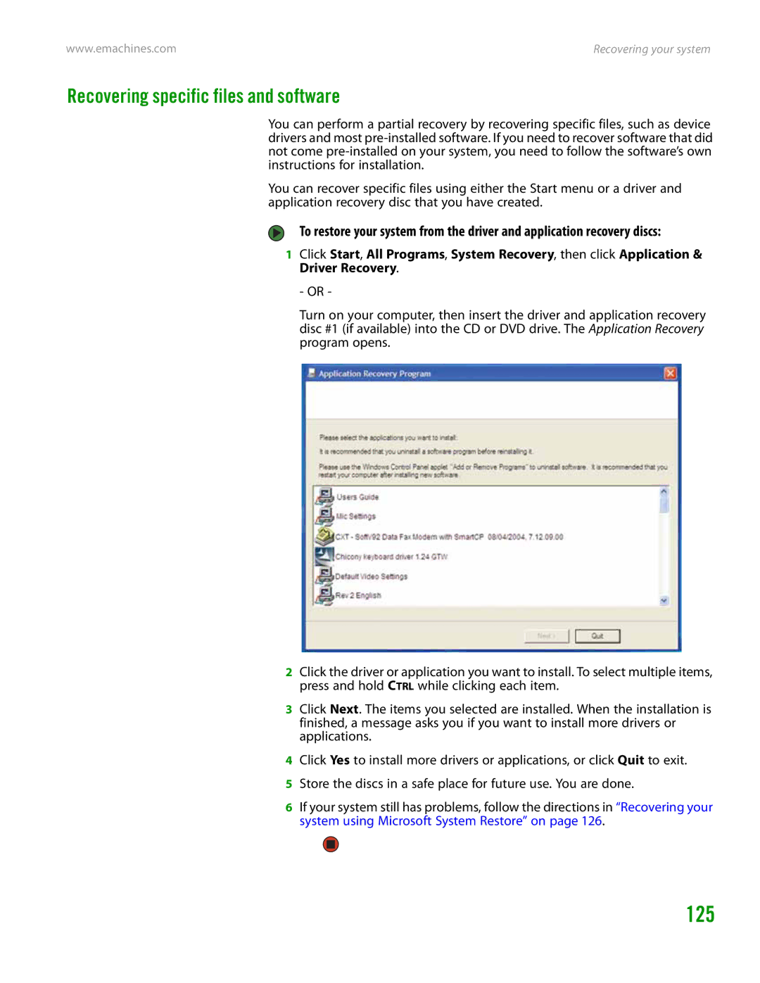 eMachines H3120 manual 125, Recovering specific files and software 