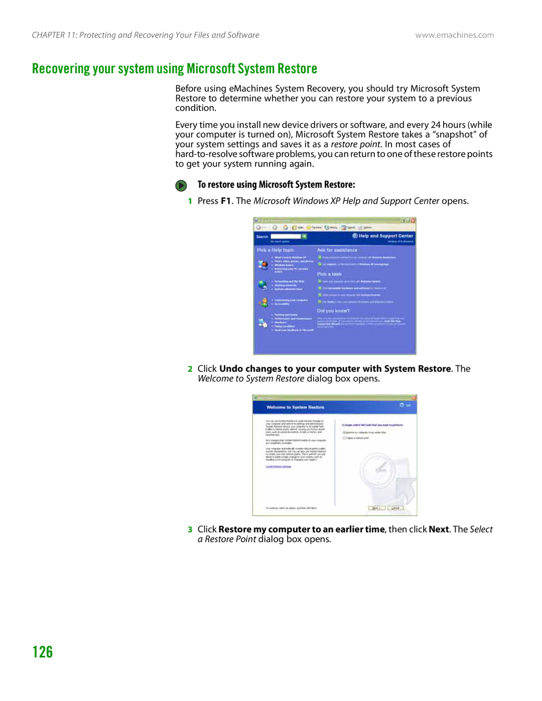 eMachines H3120 126, Recovering your system using Microsoft System Restore, To restore using Microsoft System Restore 