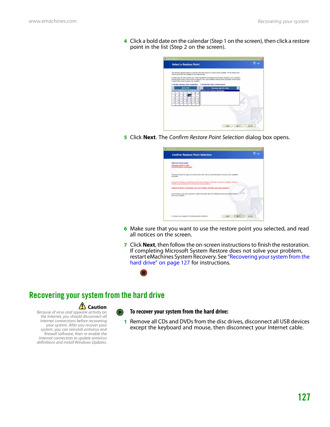 eMachines H3120 manual 127, Recovering your system from the hard drive, To recover your system from the hard drive 