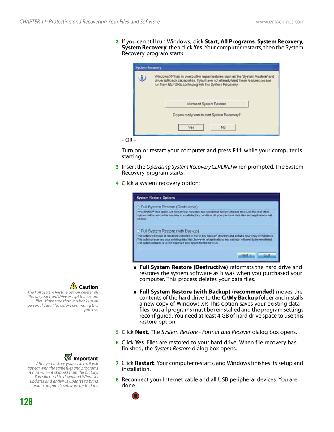 eMachines H3120 manual 128, Click a system recovery option 