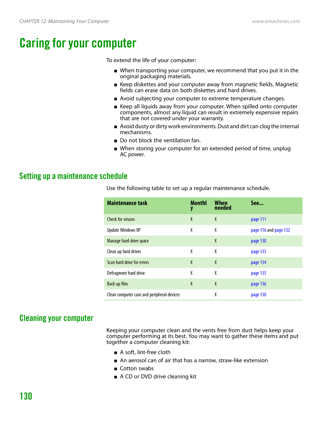 eMachines H3120 manual Caring for your computer, 130, Setting up a maintenance schedule, Cleaning your computer 