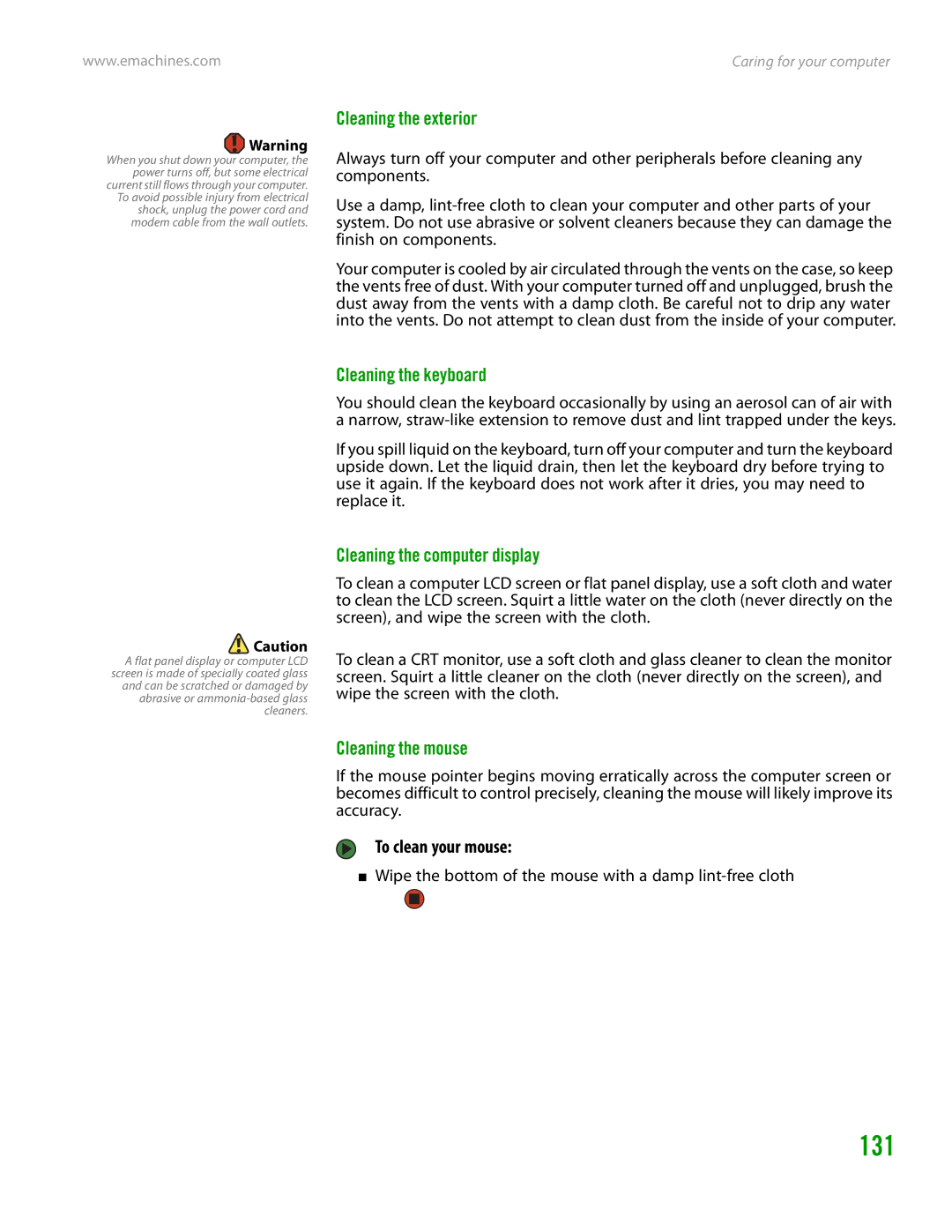 eMachines H3120 manual 131, Cleaning the exterior, Cleaning the keyboard, Cleaning the computer display, Cleaning the mouse 