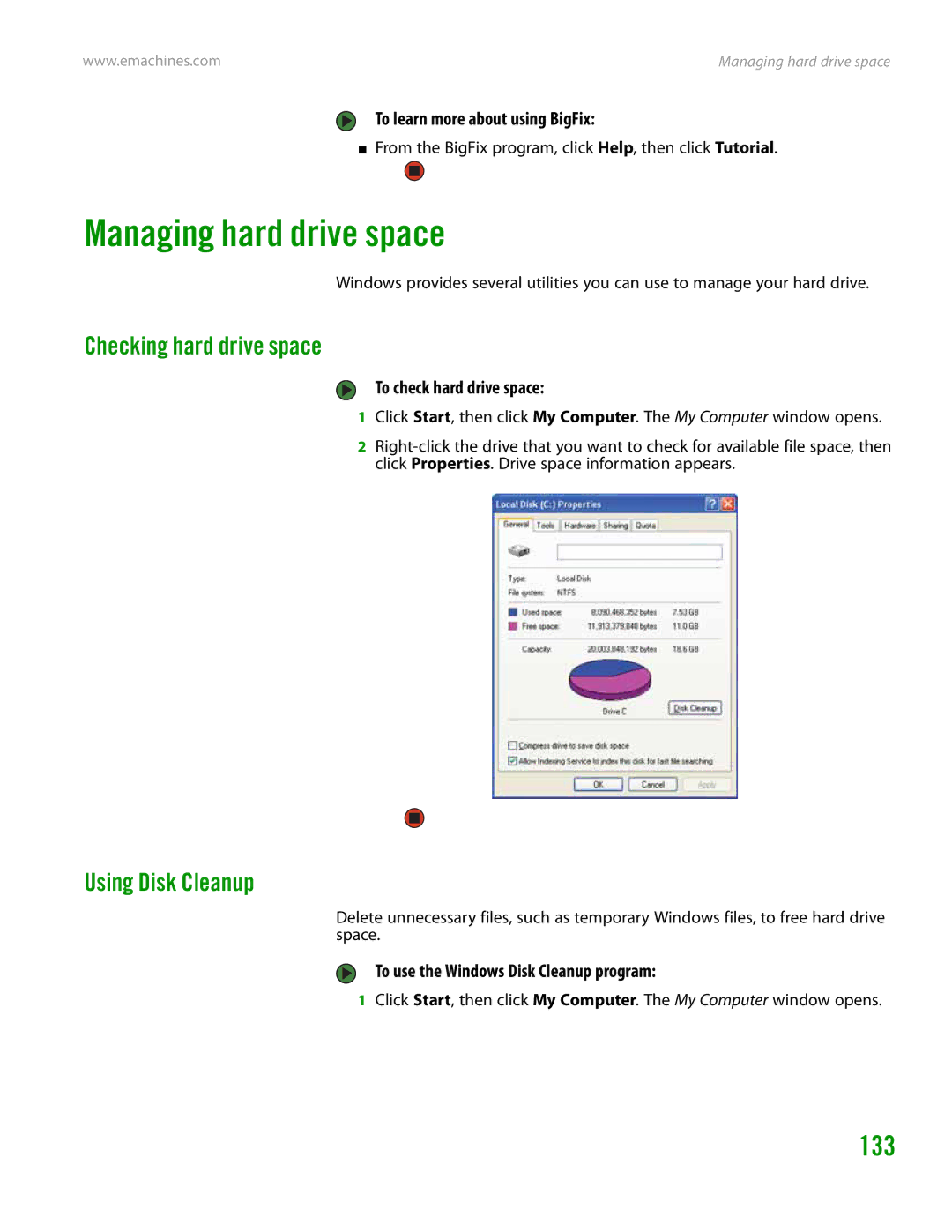 eMachines H3120 manual Managing hard drive space, 133, Checking hard drive space, Using Disk Cleanup 