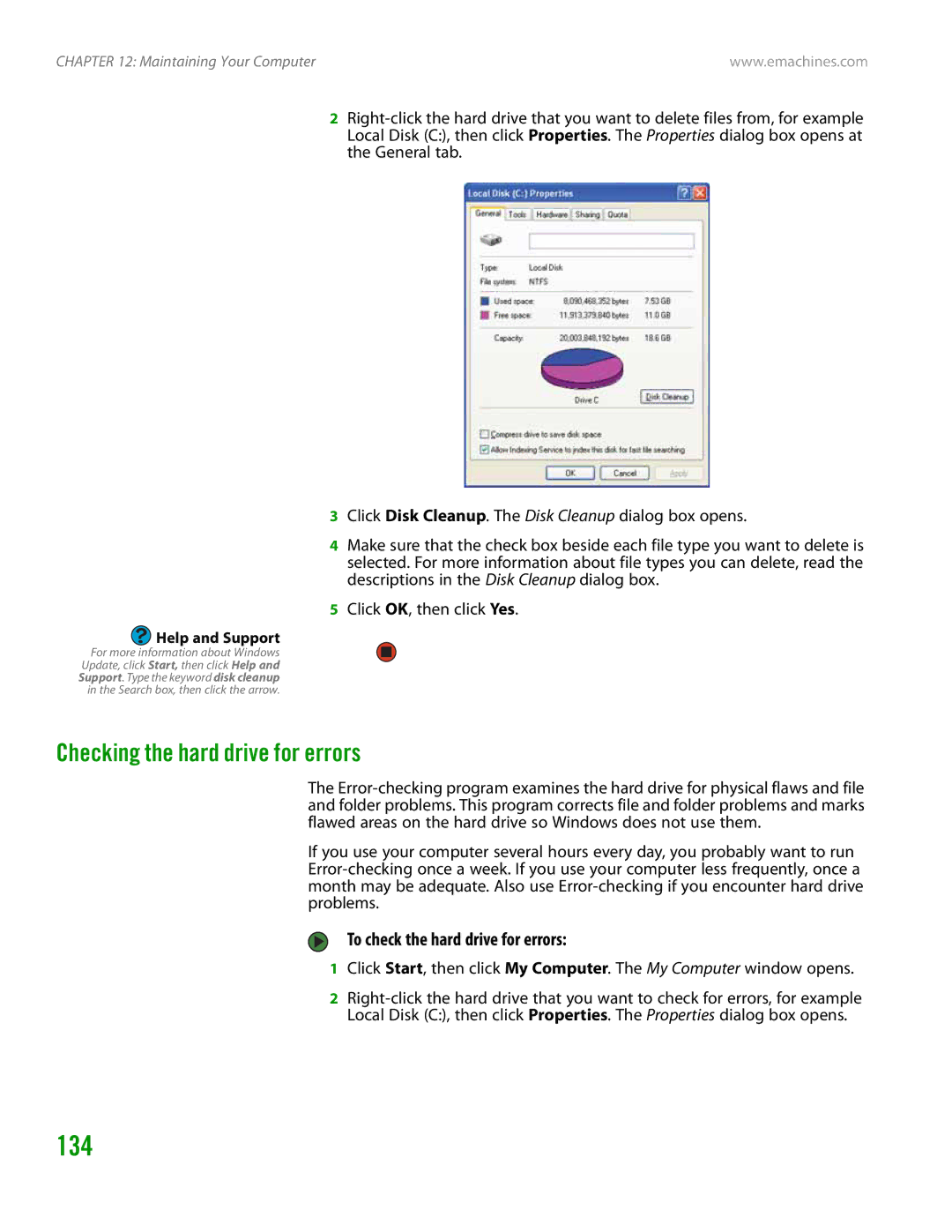 eMachines H3120 manual 134, Checking the hard drive for errors, To check the hard drive for errors 