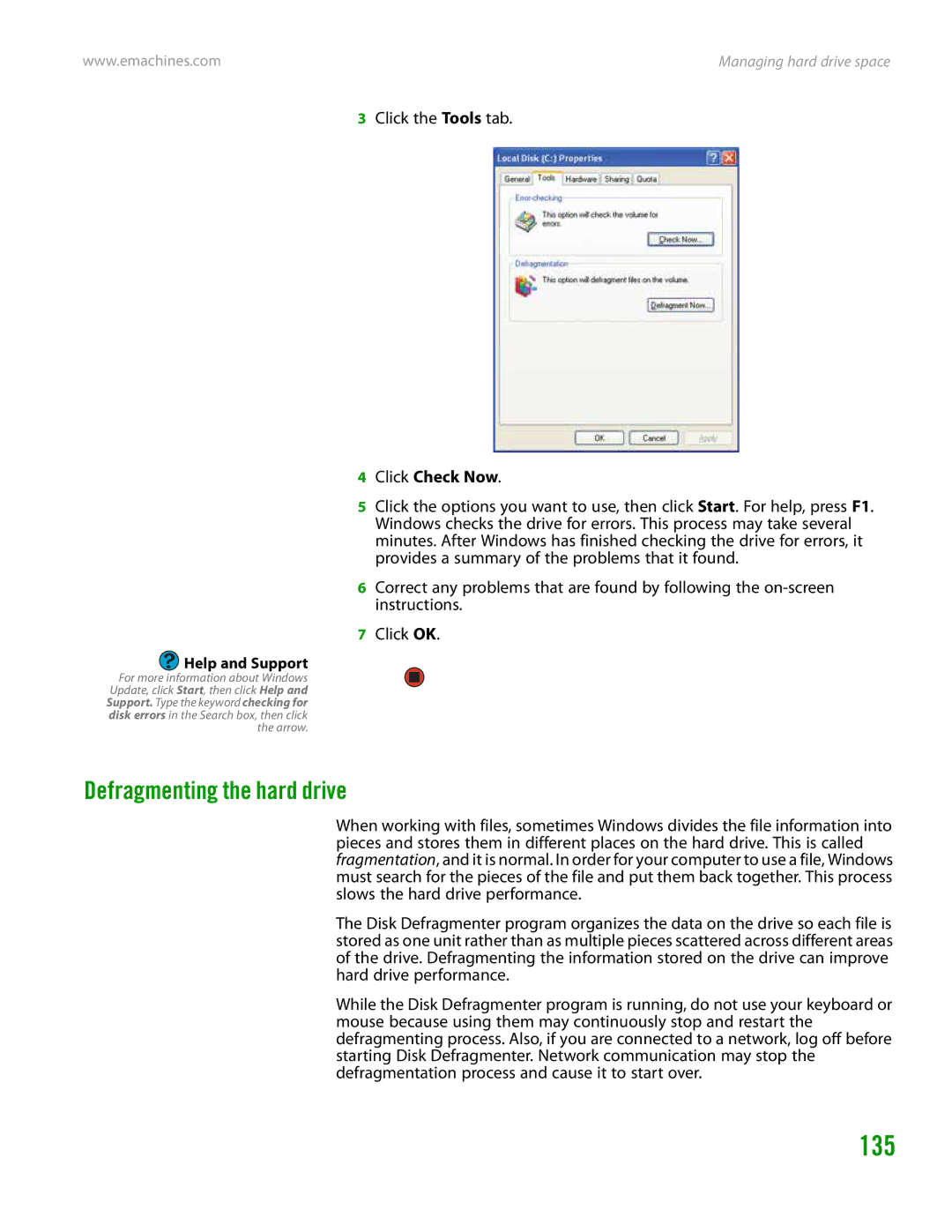 eMachines H3120 manual 135, Defragmenting the hard drive, Click the Tools tab 