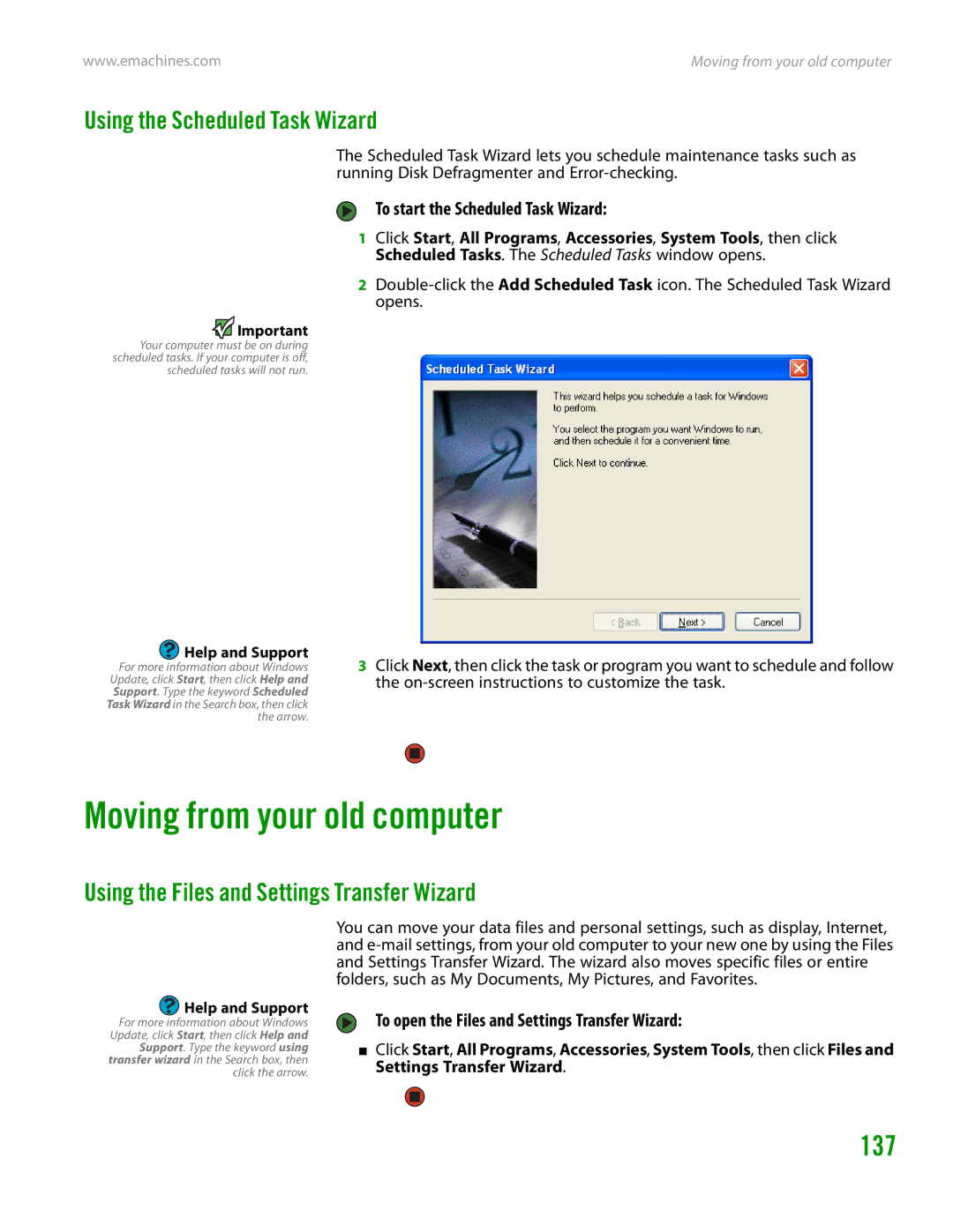 eMachines H3120 manual Moving from your old computer, 137, Using the Scheduled Task Wizard 