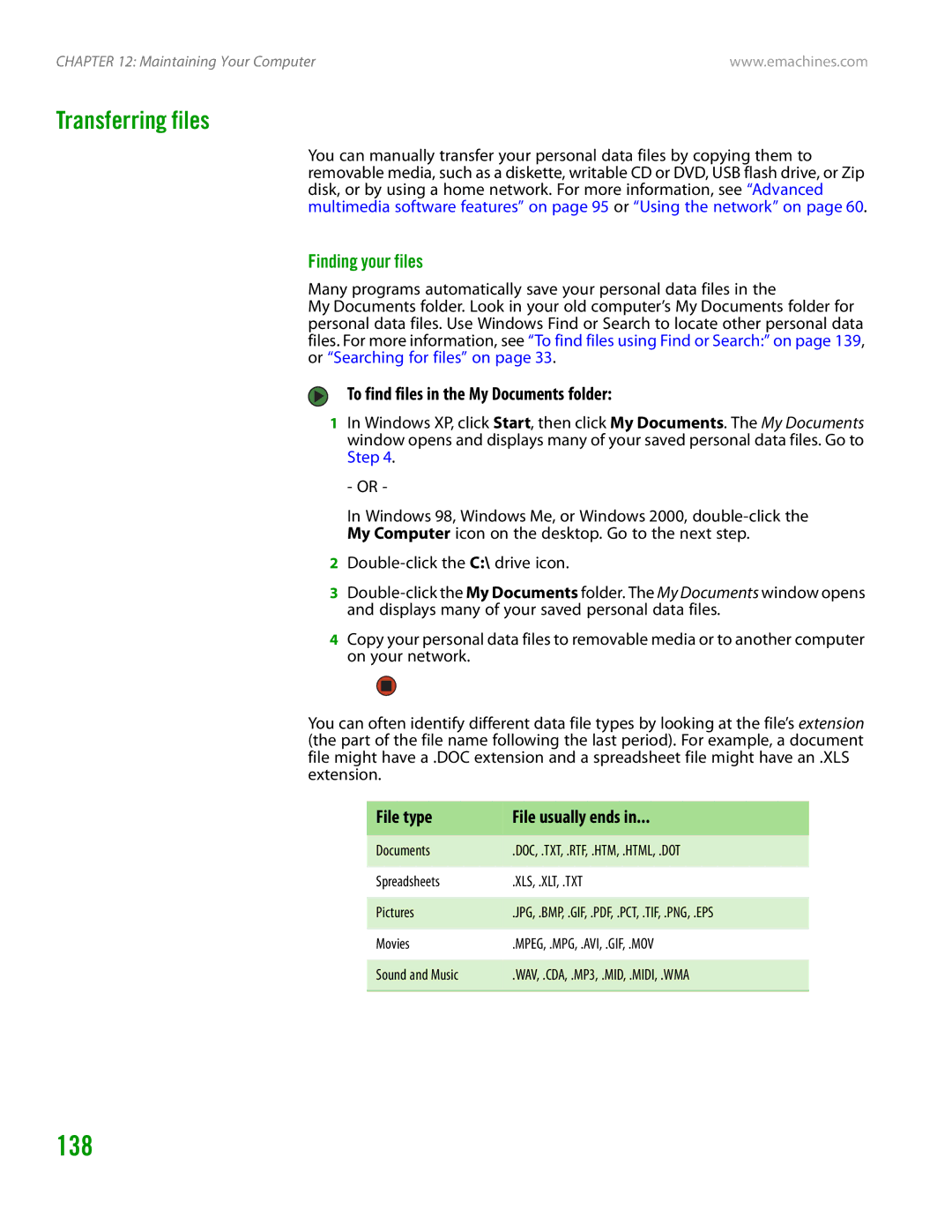 eMachines H3120 manual 138, Transferring files, Finding your files, To find files in the My Documents folder 