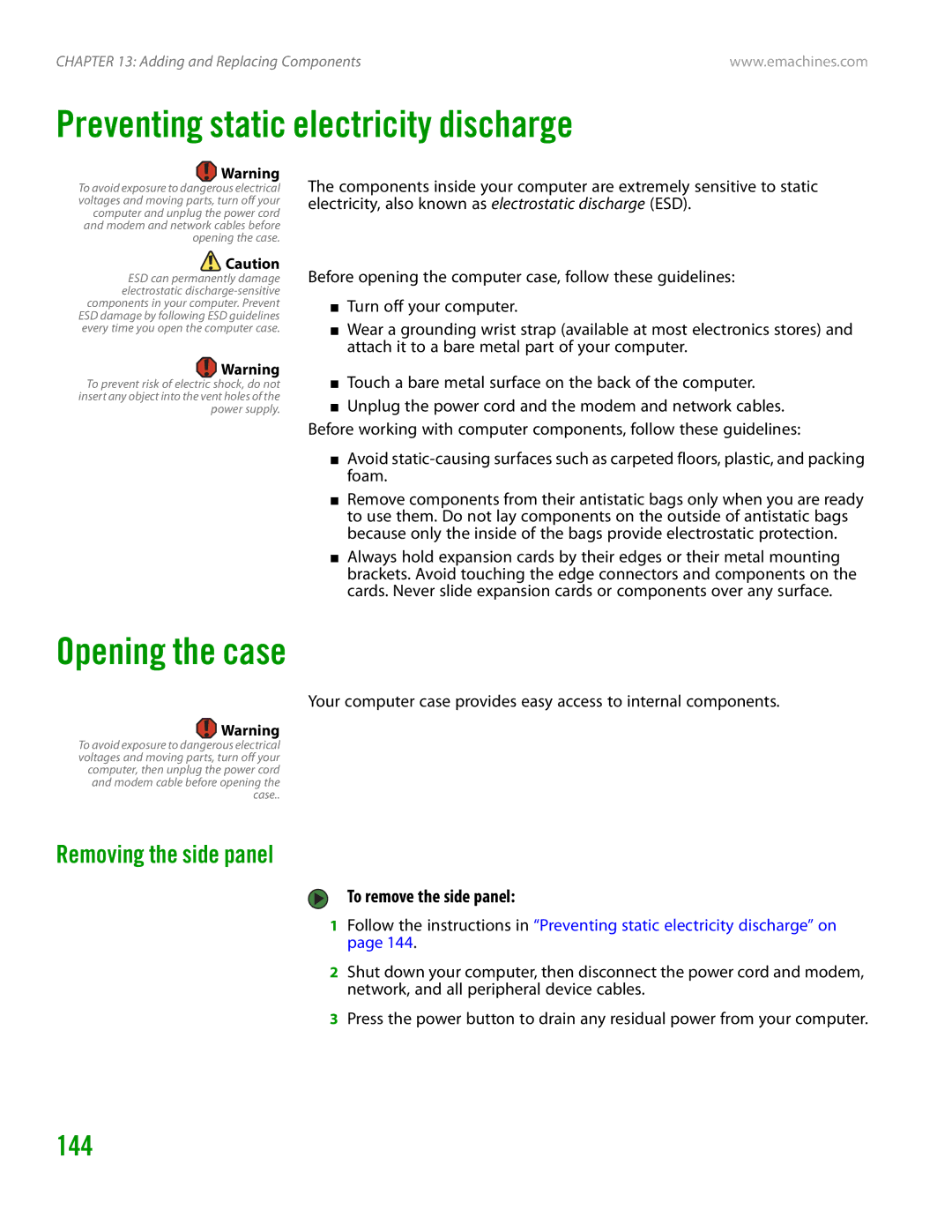 eMachines H3120 manual Preventing static electricity discharge, Opening the case, 144, Removing the side panel 