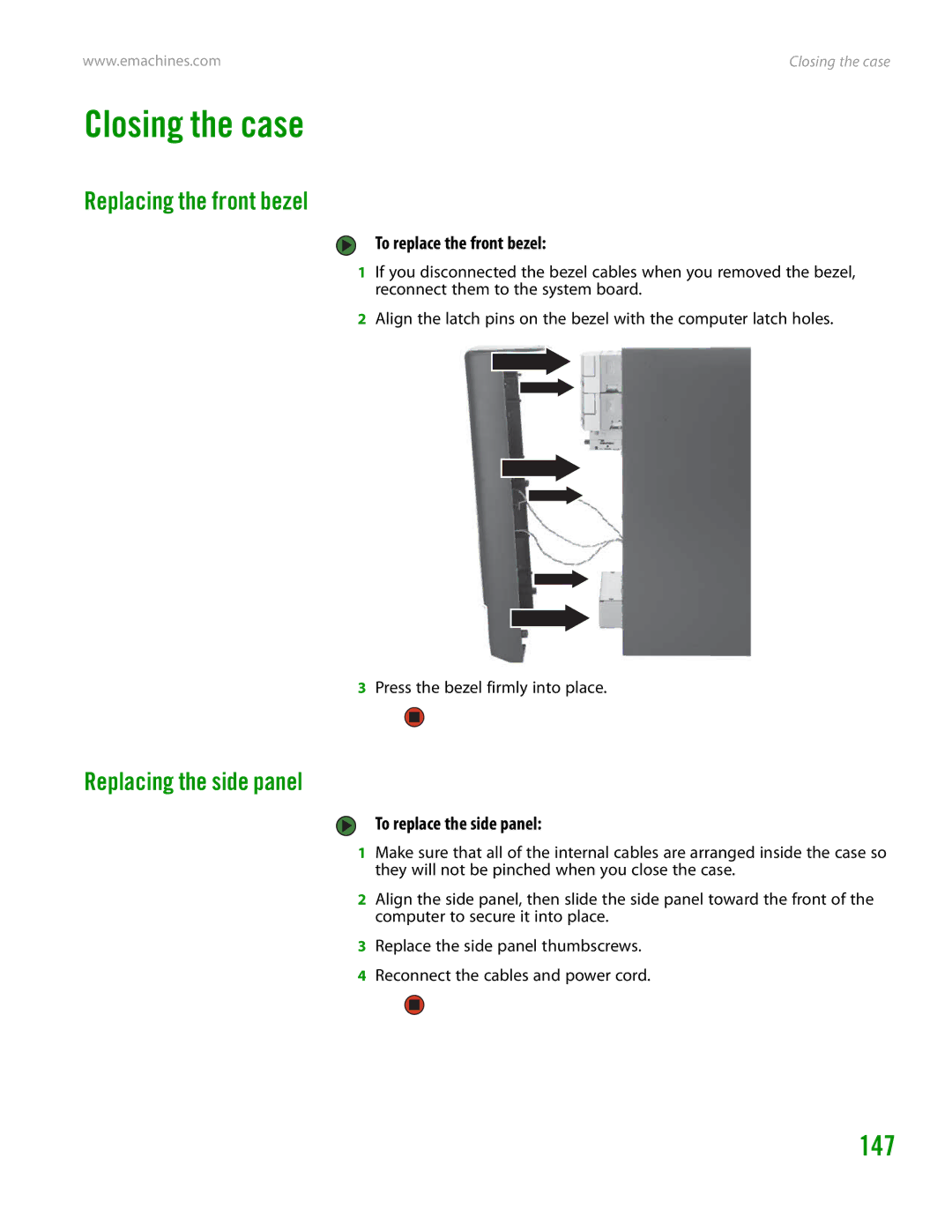 eMachines H3120 manual 147, To replace the front bezel, To replace the side panel 