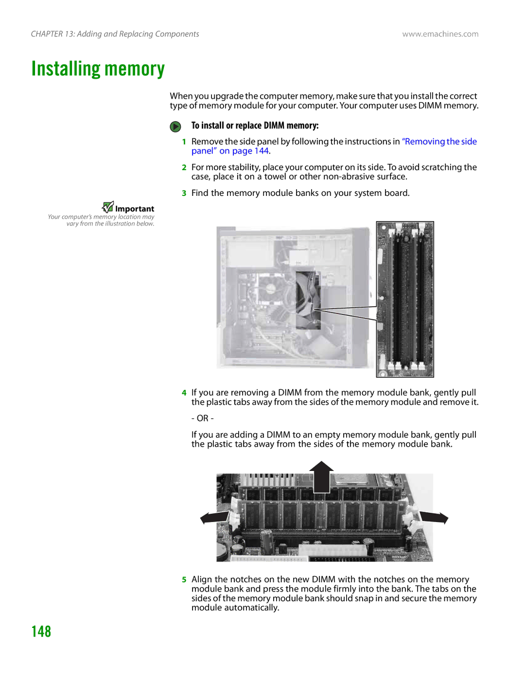 eMachines H3120 manual Installing memory, 148, To install or replace Dimm memory 