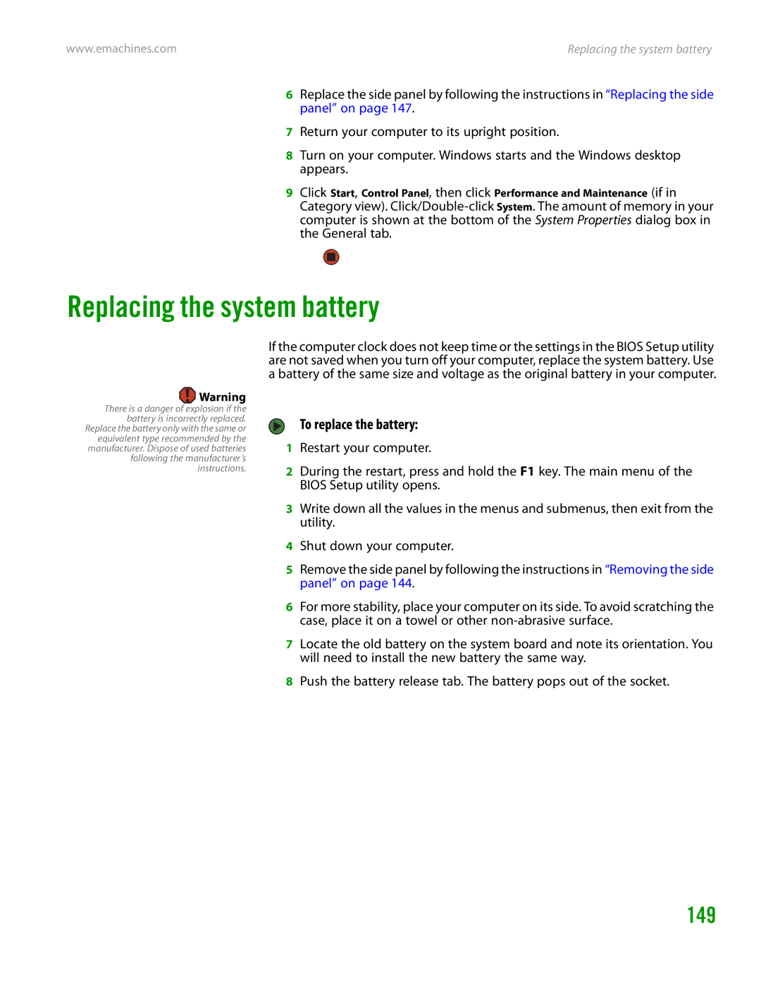 eMachines H3120 manual Replacing the system battery, 149, To replace the battery 