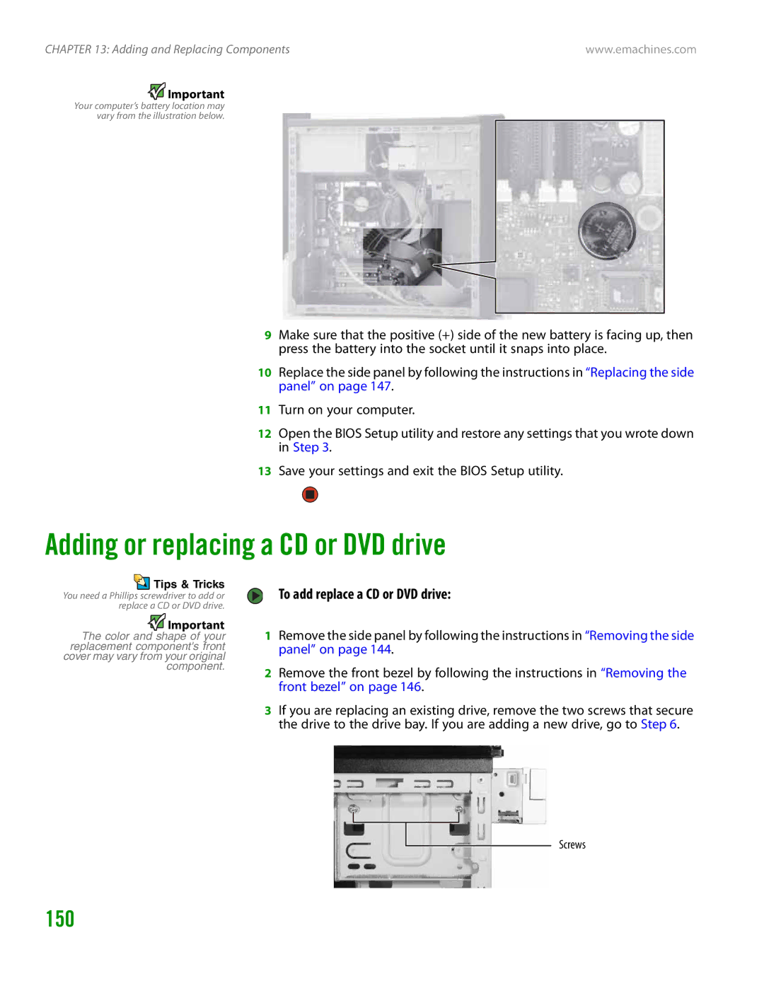 eMachines H3120 manual Adding or replacing a CD or DVD drive, 150, To add replace a CD or DVD drive 