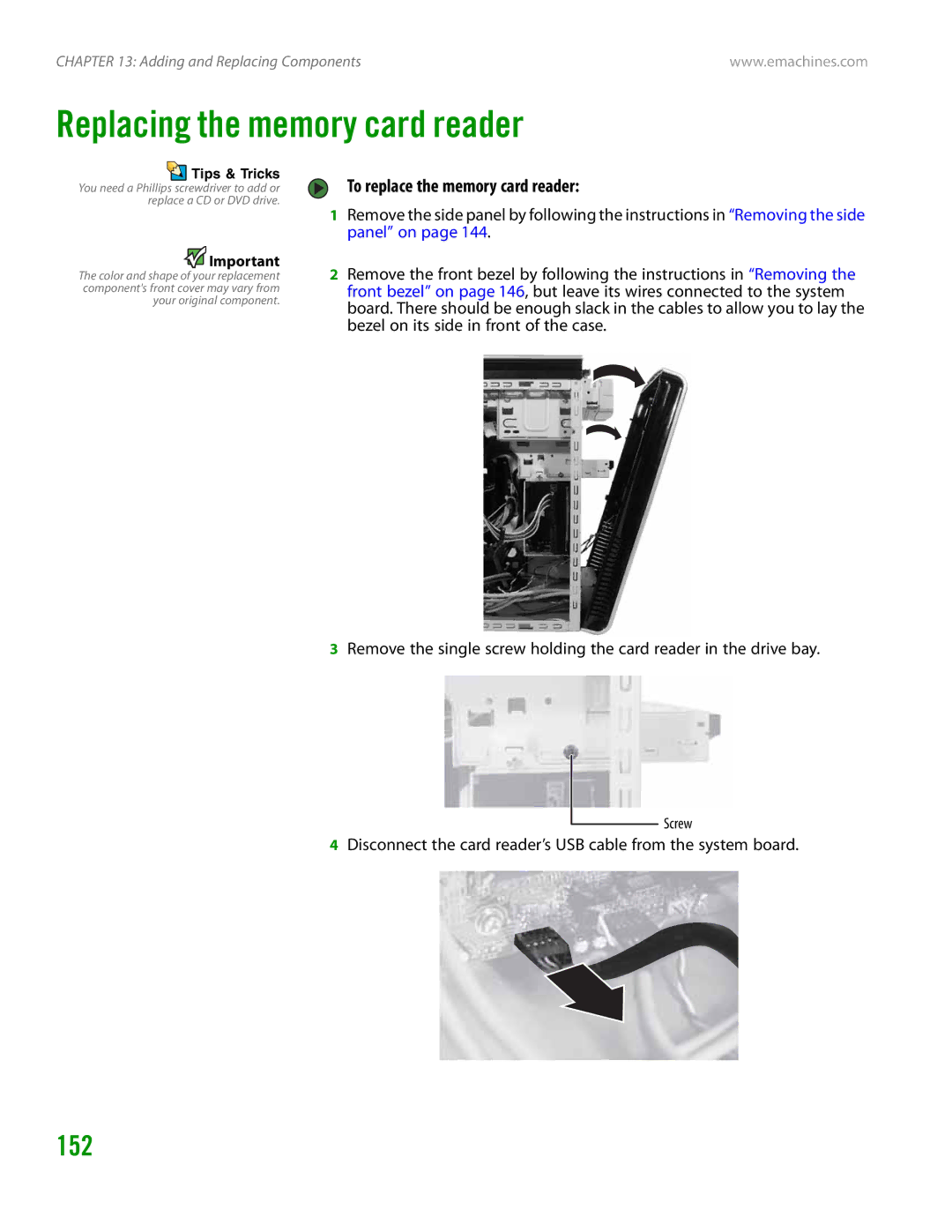 eMachines H3120 manual Replacing the memory card reader, 152, To replace the memory card reader, Screw 