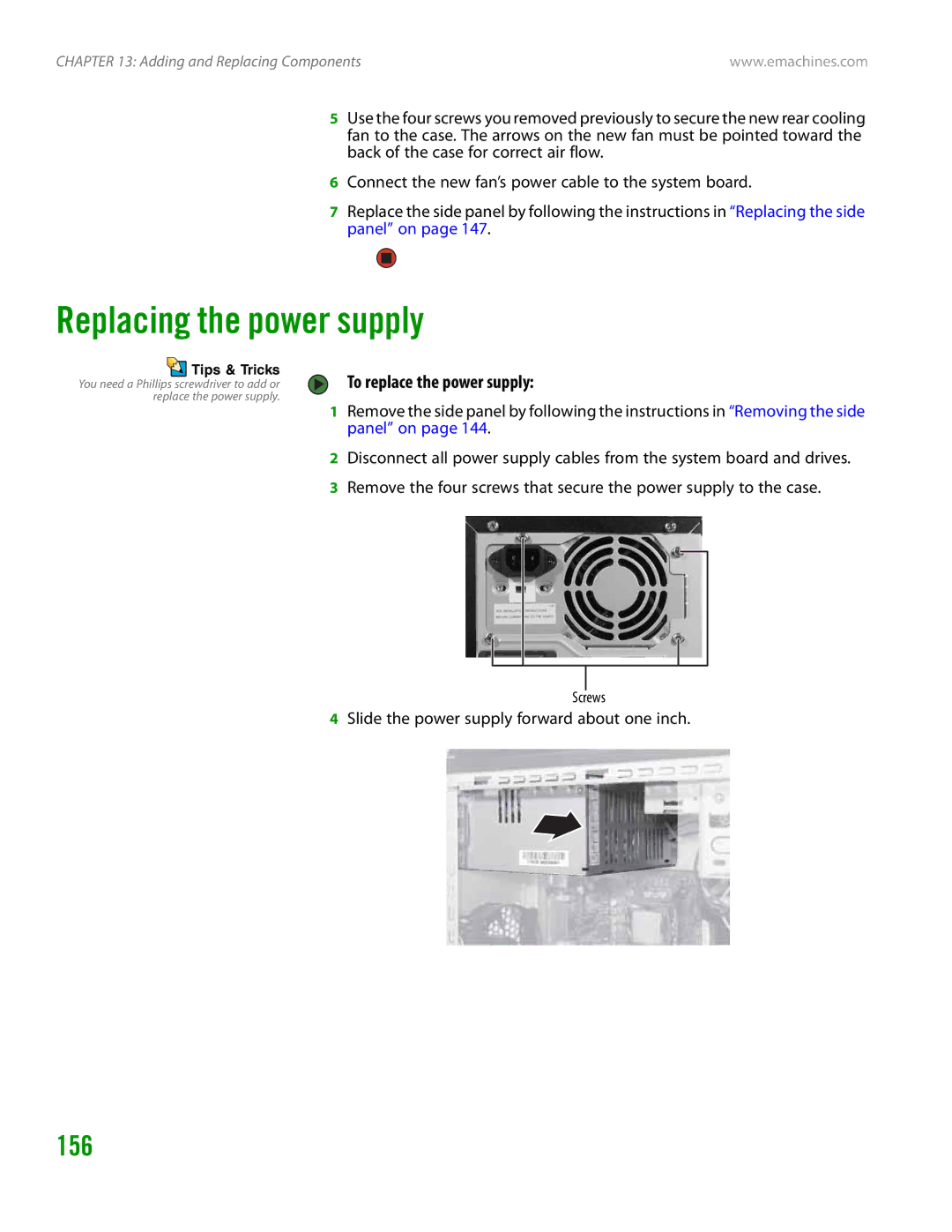 eMachines H3120 manual Replacing the power supply, 156, To replace the power supply 