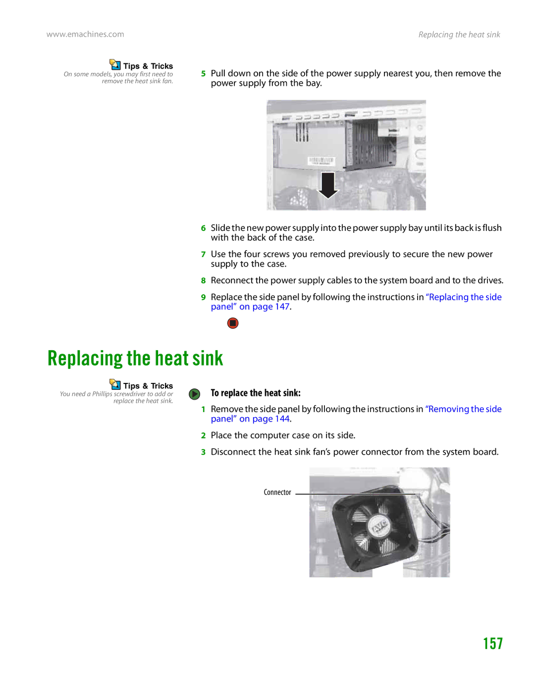 eMachines H3120 manual Replacing the heat sink, 157, To replace the heat sink, Connector 