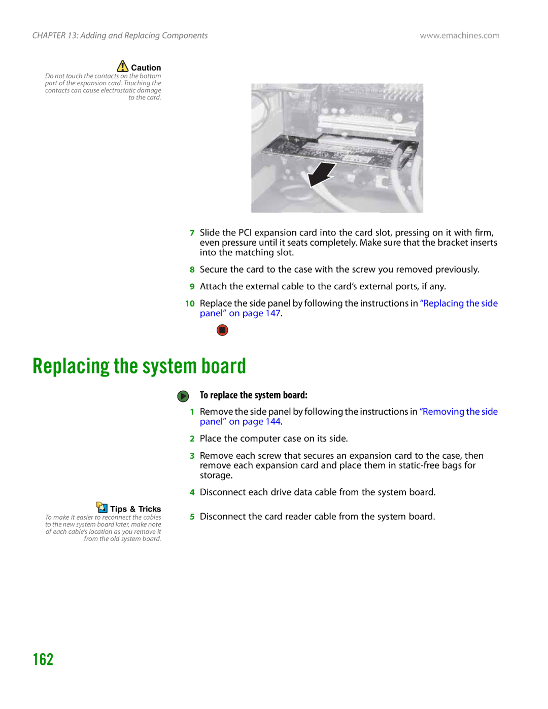 eMachines H3120 manual Replacing the system board, 162, To replace the system board 