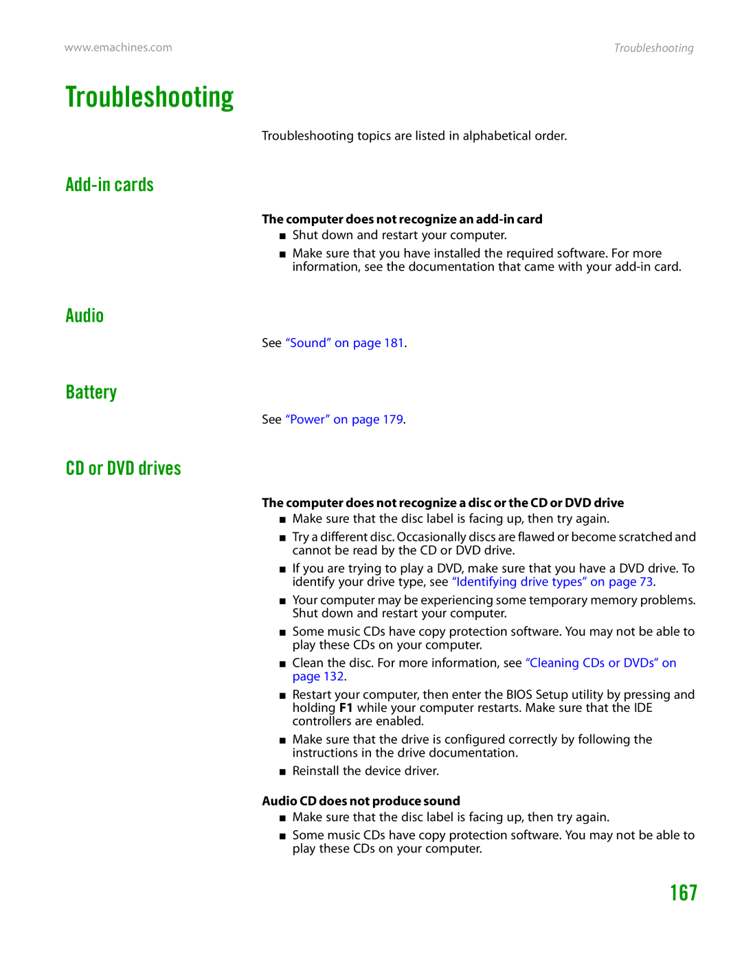 eMachines H3120 manual Troubleshooting, 167 