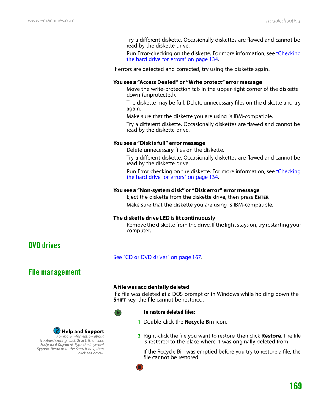 eMachines H3120 manual 169, DVD drives, File management, To restore deleted files 