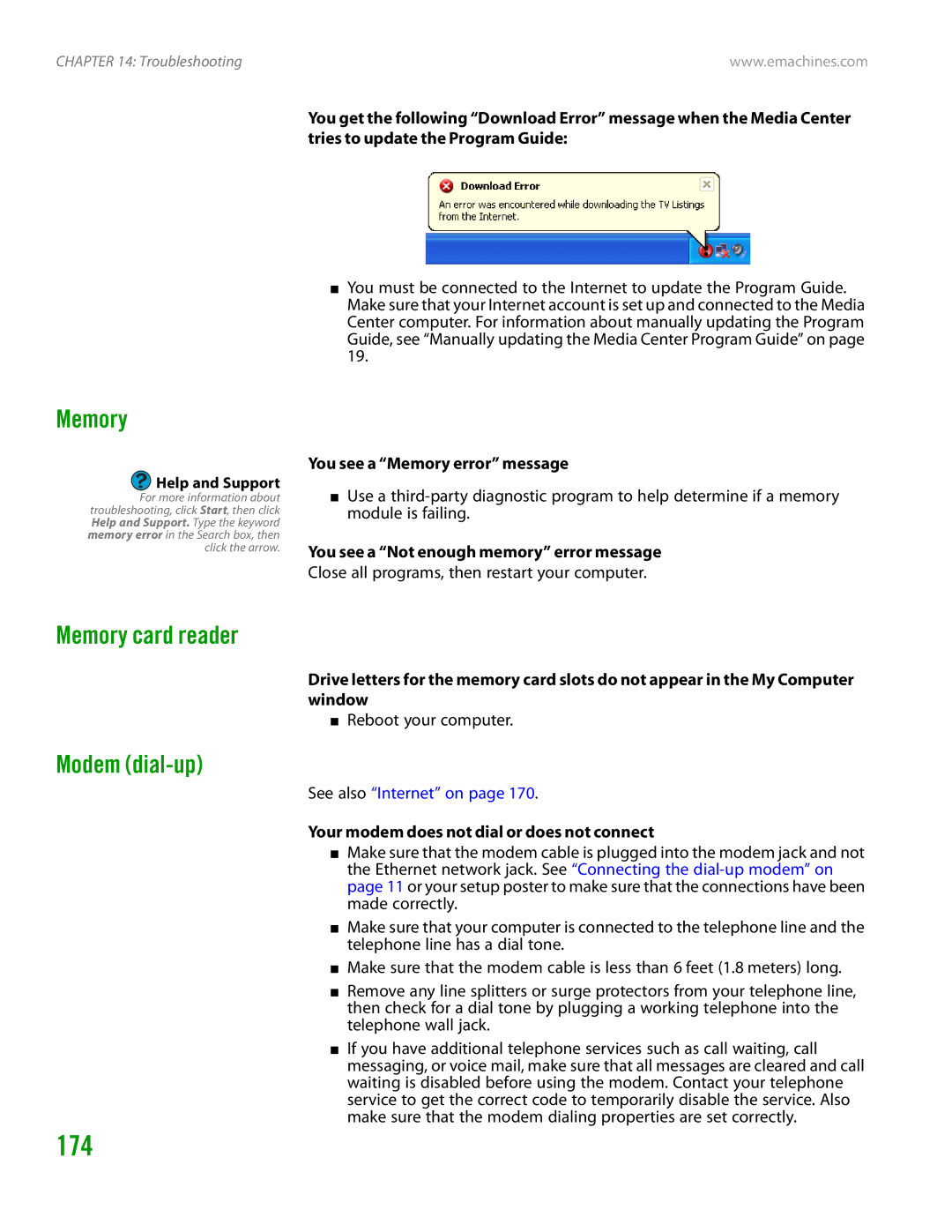eMachines H3120 manual 174, Memory card reader, Modem dial-up 